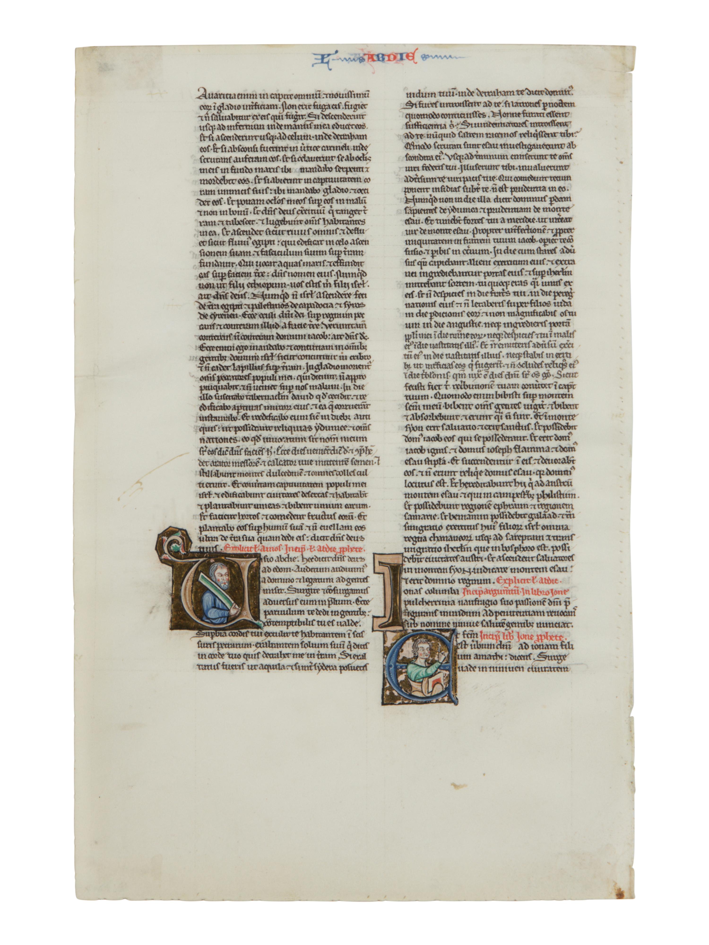HORNBY-COCKERELL GROUP Cutting with initial historiated initial ‘U’ and ‘E’ from the Huth-Hornby-Cockerell-Haddaway Bible, in Latin, illuminated manuscript on parchment [France, Paris, c. 1210–20]