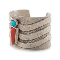 Tufa Cast Sterling Silver Cuff Bracelet, with Wave Design and Set with Turquoise and Coral in Abstract Figural Shape