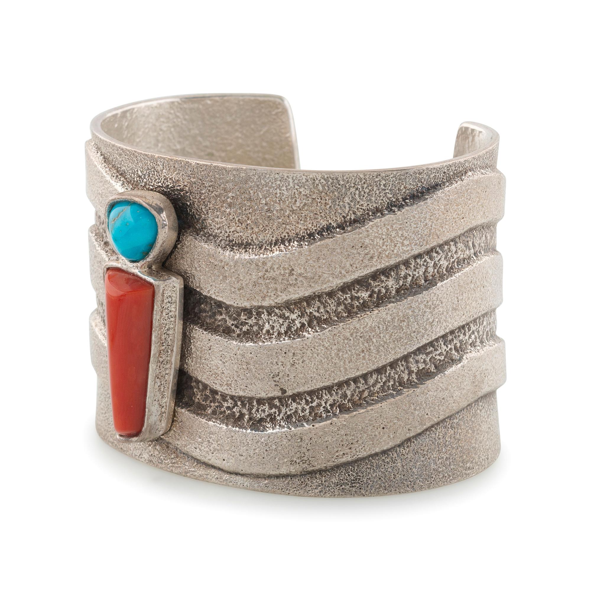 Tufa Cast Sterling Silver Cuff Bracelet, with Wave Design and Set with Turquoise and Coral in Abstract Figural Shape