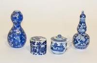 A Group of Four Blue and White Decorated Articles Height of tallest 6 3/4 inches.
