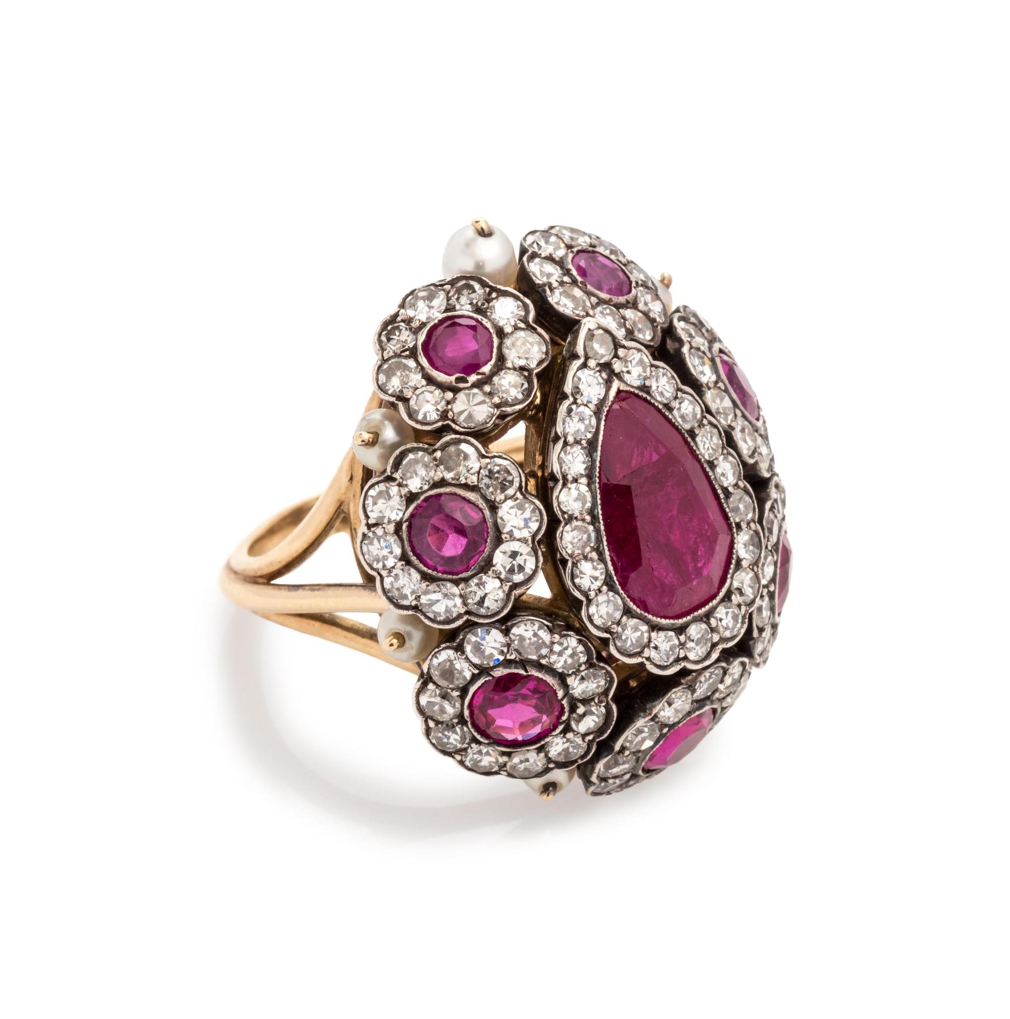 Ruby, Diamond and Cultured Pearl Ring