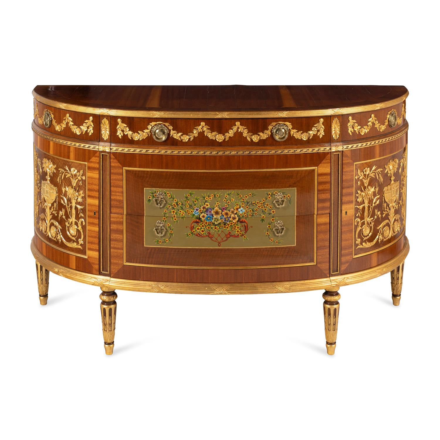 A Louis XVI Style Gilt-Bronze Mounted and Polychrome Decorated Demilune Console Cabinet