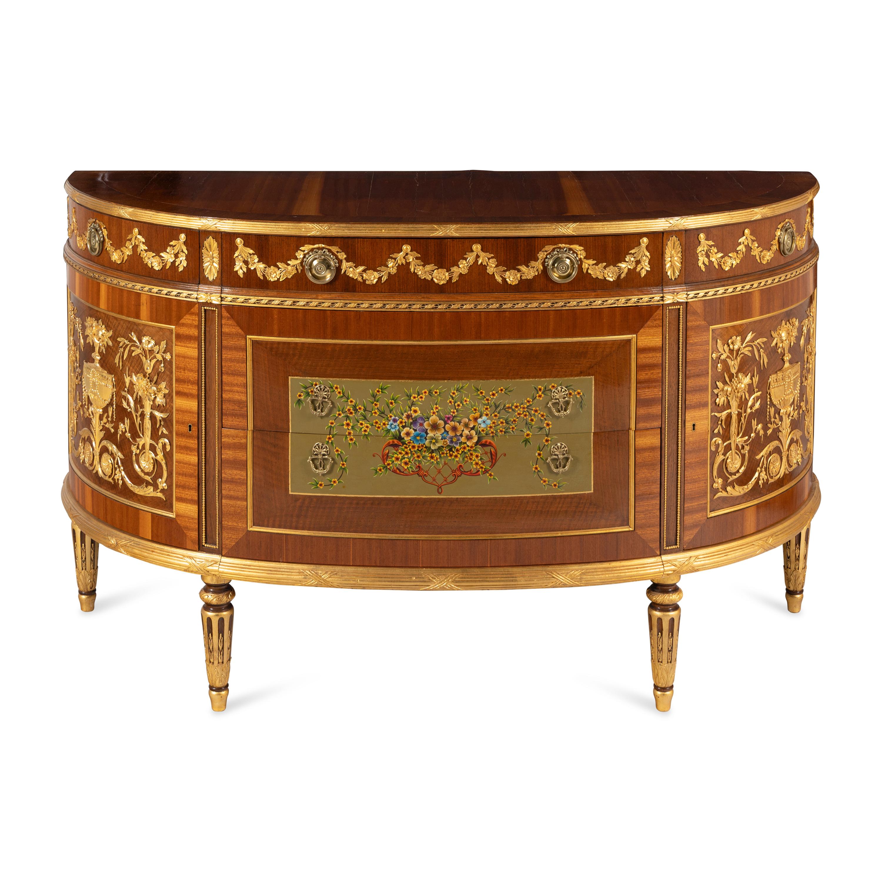 A Louis XVI Style Gilt-Bronze Mounted and Polychrome Decorated Demilune Console Cabinet