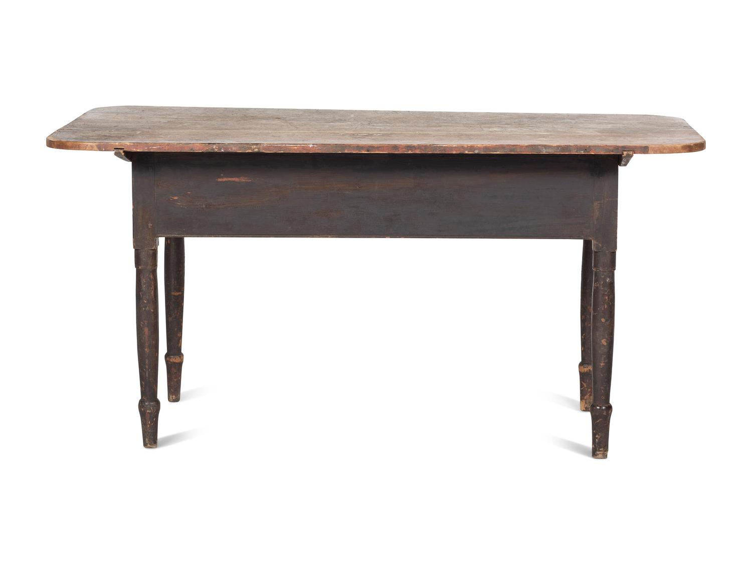 A Country Federal Red-Stained and Black Painted Cherrywood Two-Drawer Scrubbed Top Work Table