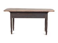 A Country Federal Red-Stained and Black Painted Cherrywood Two-Drawer Scrubbed Top Work Table