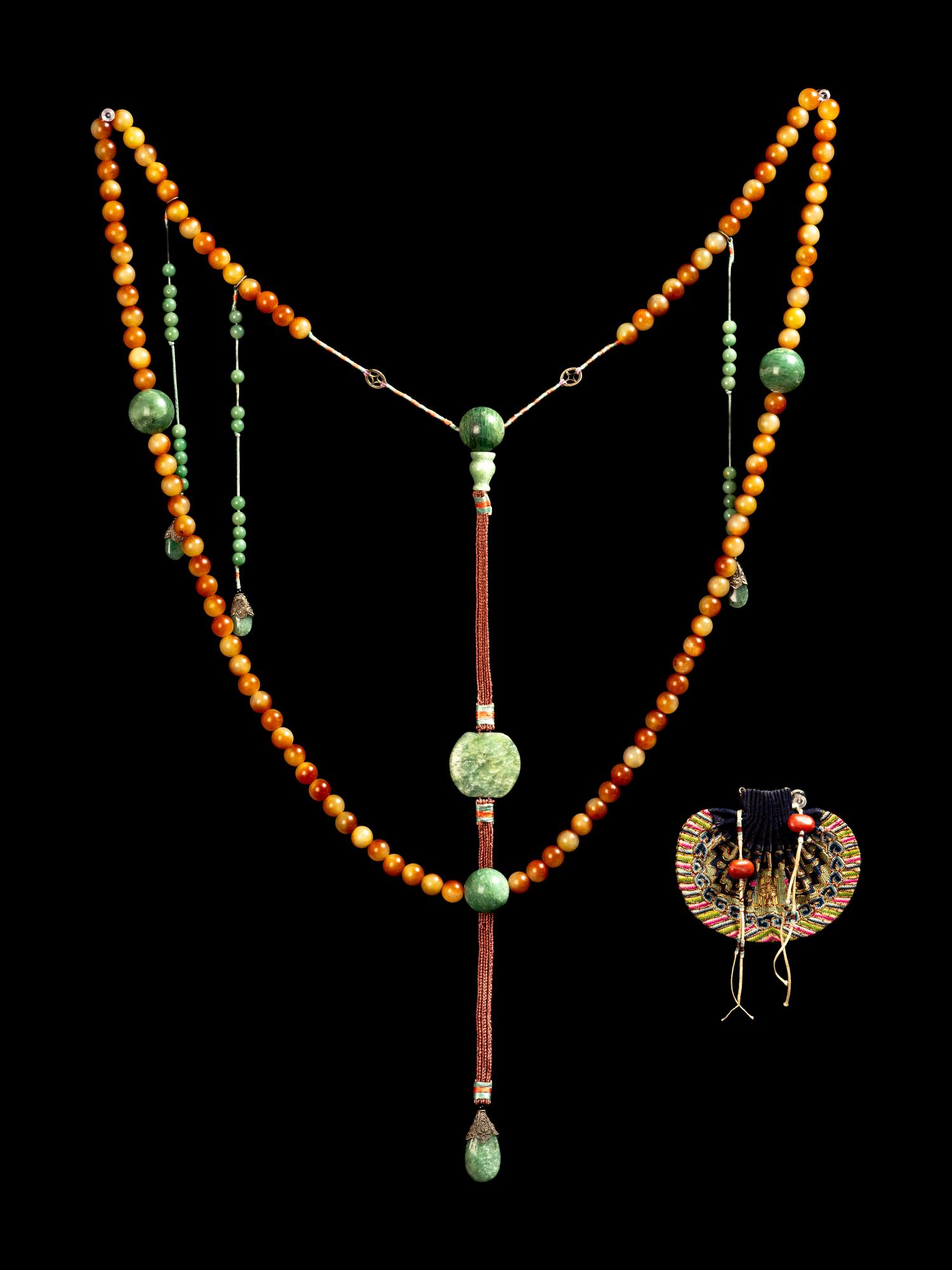 Two Chinese Jewelry and A Chinese Embroidered Silk Purse