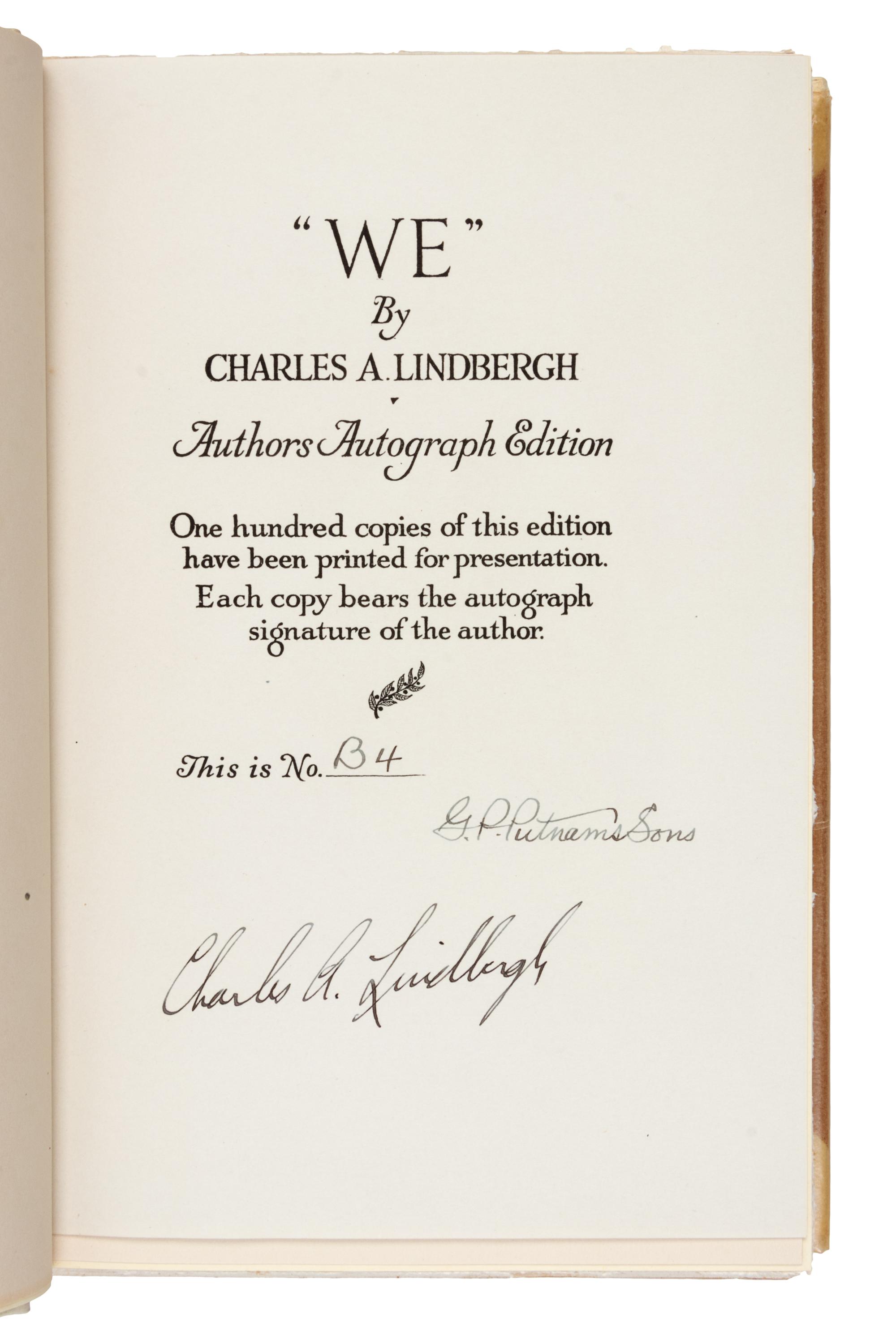 LINDBERGH, Charles A. (1902-1974). We. New York, 1927. LIMITED EDITION, one of 100 Presentation Copies.
