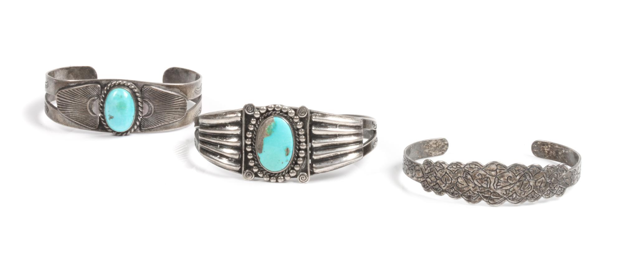 Three Southwestern Silver Bracelets Length of largest 6 x opening 1 x width 1 inches