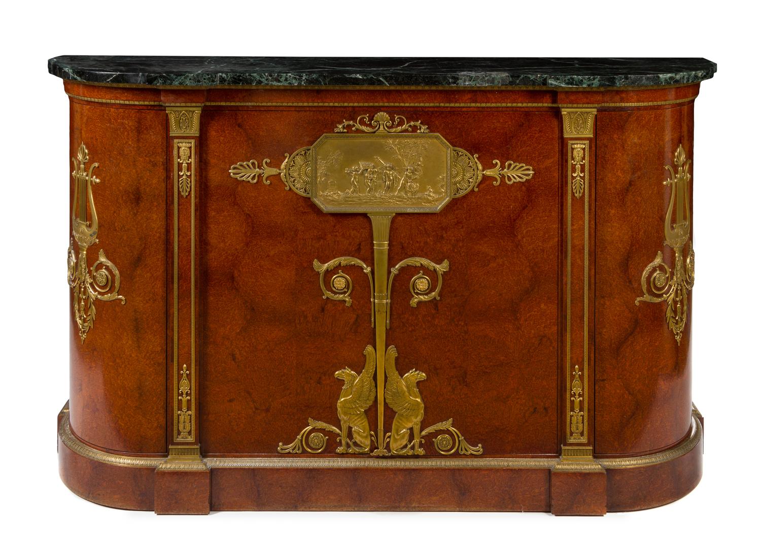 An Empire Style Gilt Bronze Mounted Amboyna Cabinet Height 47 3/8 x width 78 3/4 x depth 28 1/4 inches. — MAXIME SECRETANT, 1923