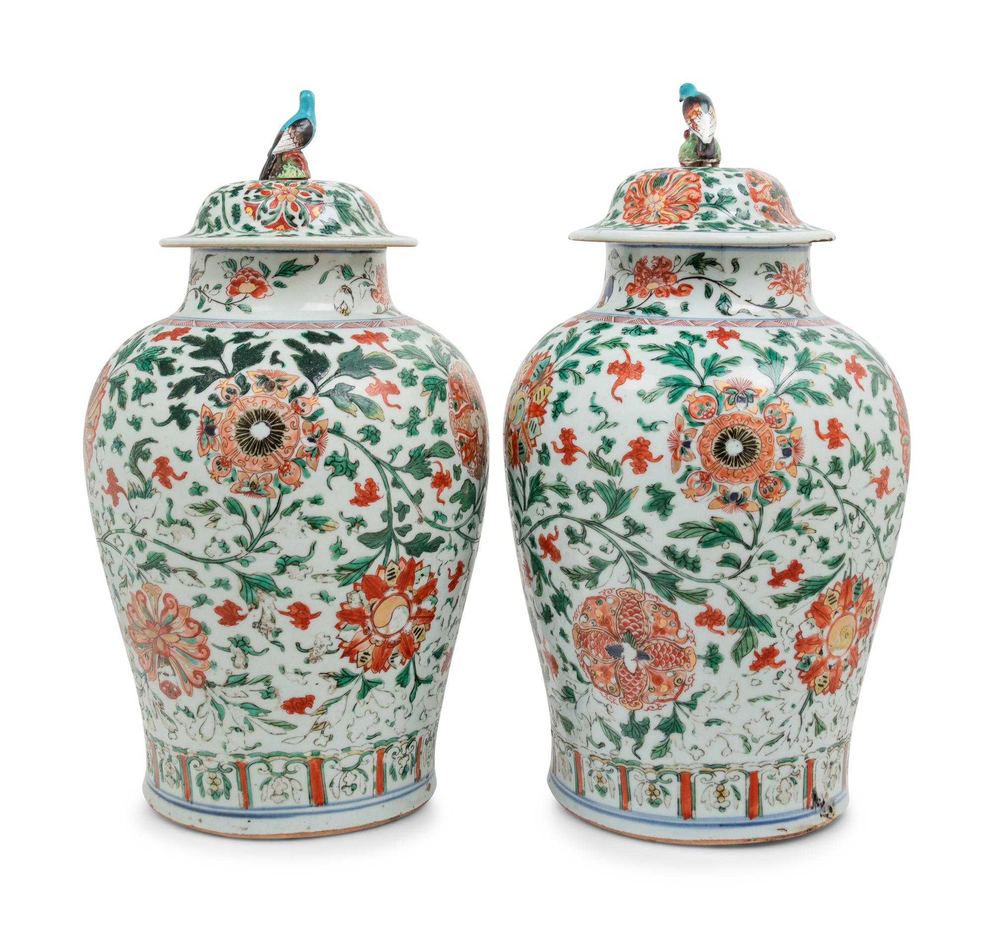 A Pair of Wucai Porcelain Covered Jars