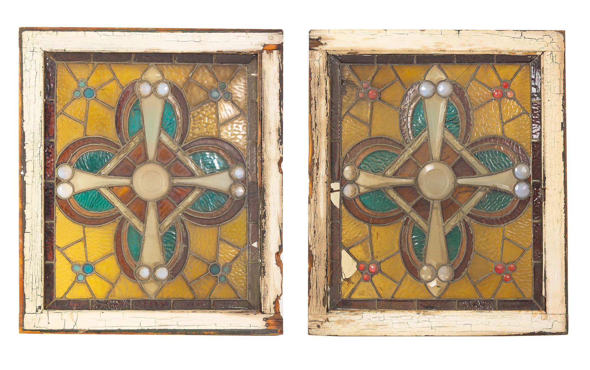 A Set of Three Victorian "Jeweled" Leaded Glass Windows