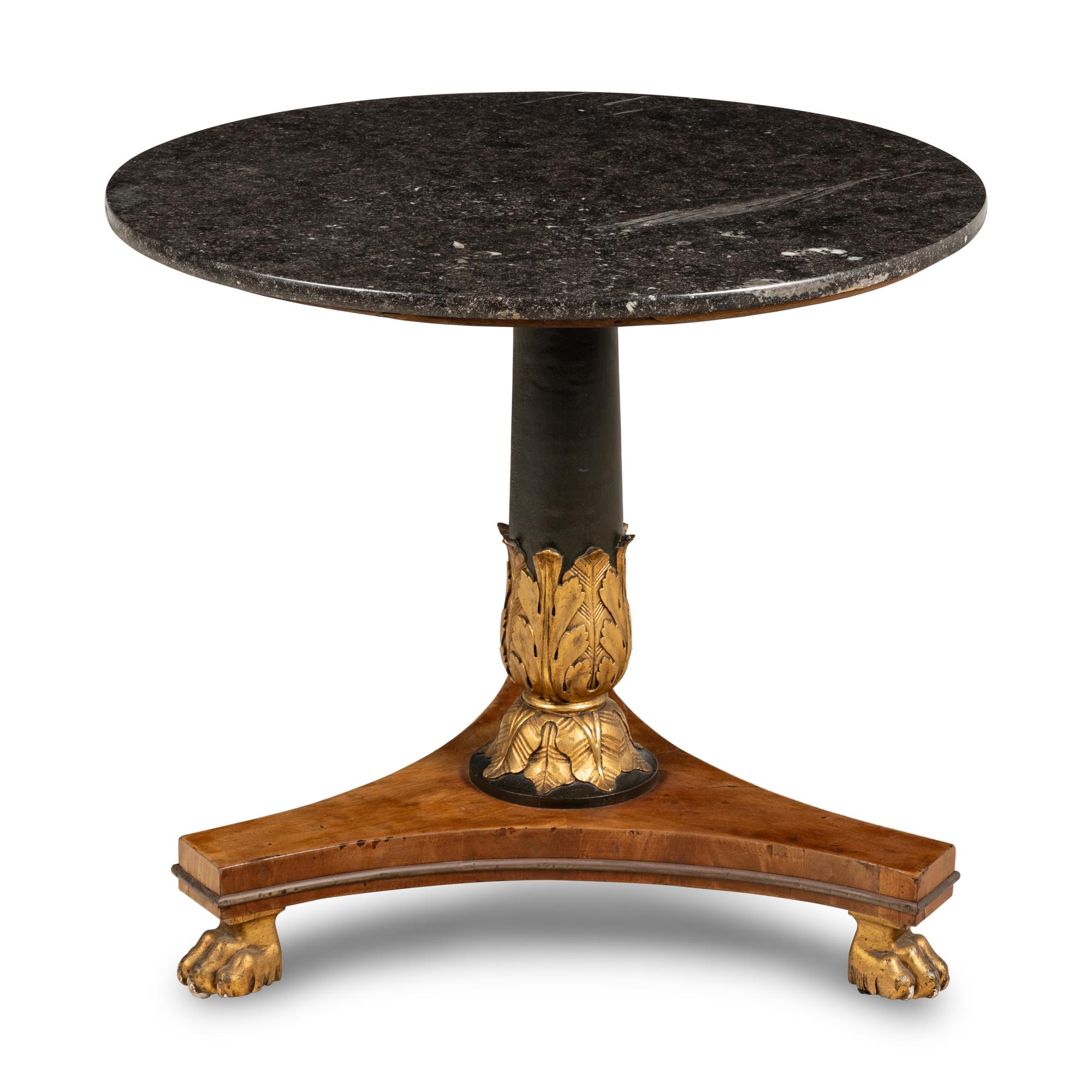 A Regency Style Parcel-Gilt Walnut and Marble Top Center Table