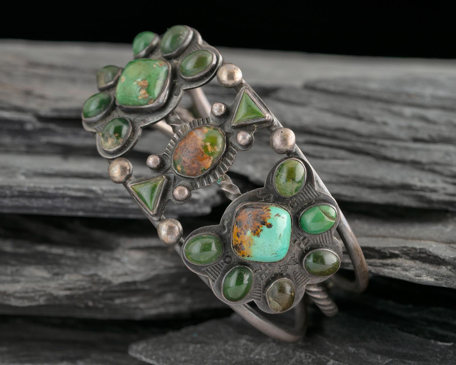 Navajo Silver and Turquoise Cluster Cuff Bracelet