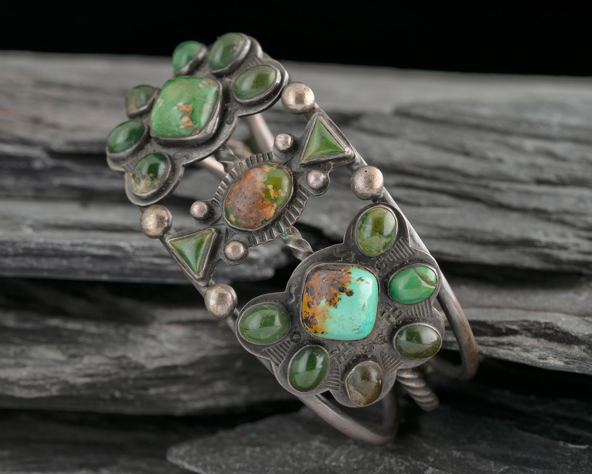 Navajo Silver and Turquoise Cluster Cuff Bracelet