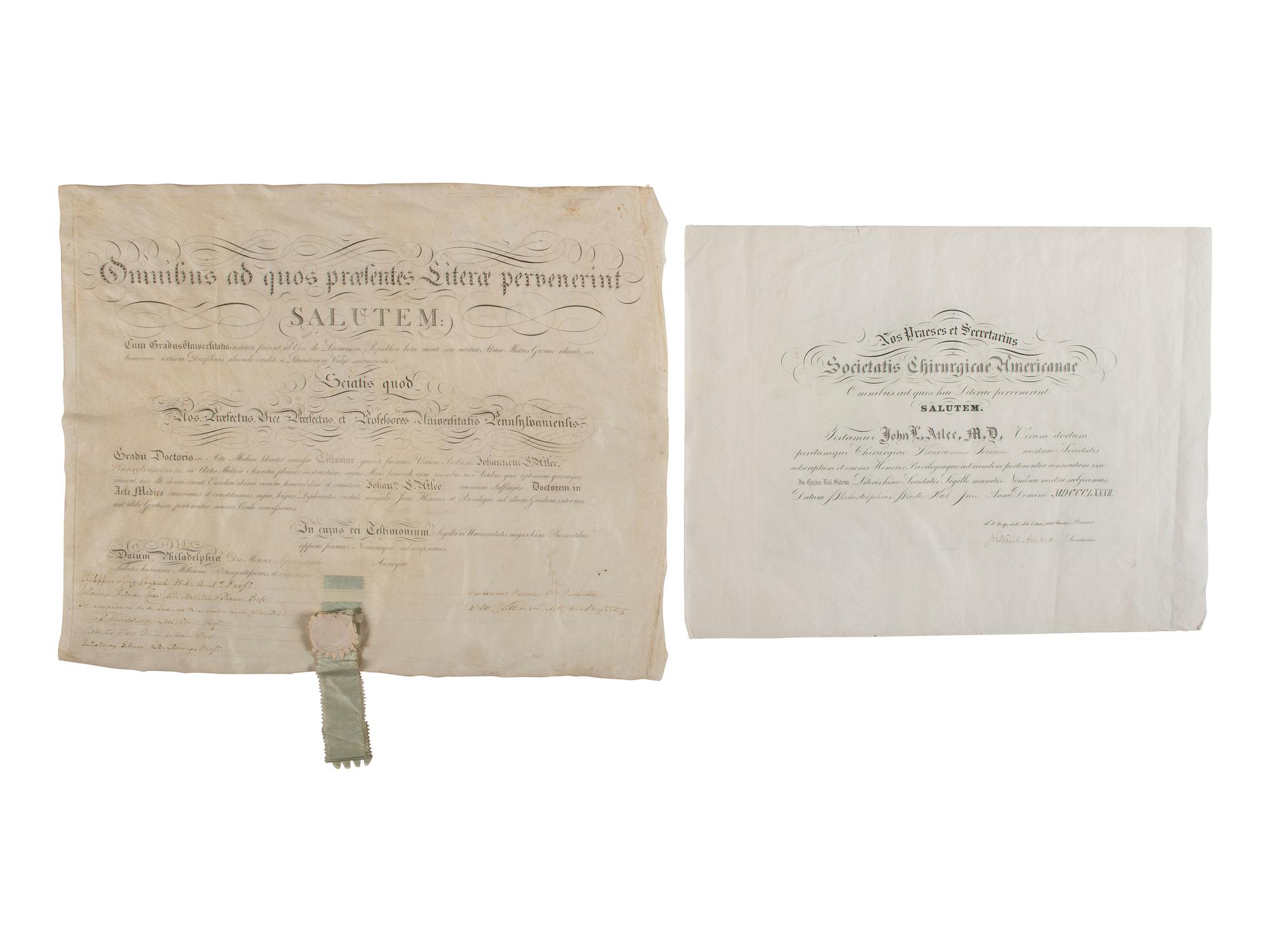 [MEDICINE]. Diplomas from the Atlee family, prominent Pennsylvania doctors and medical innovators.