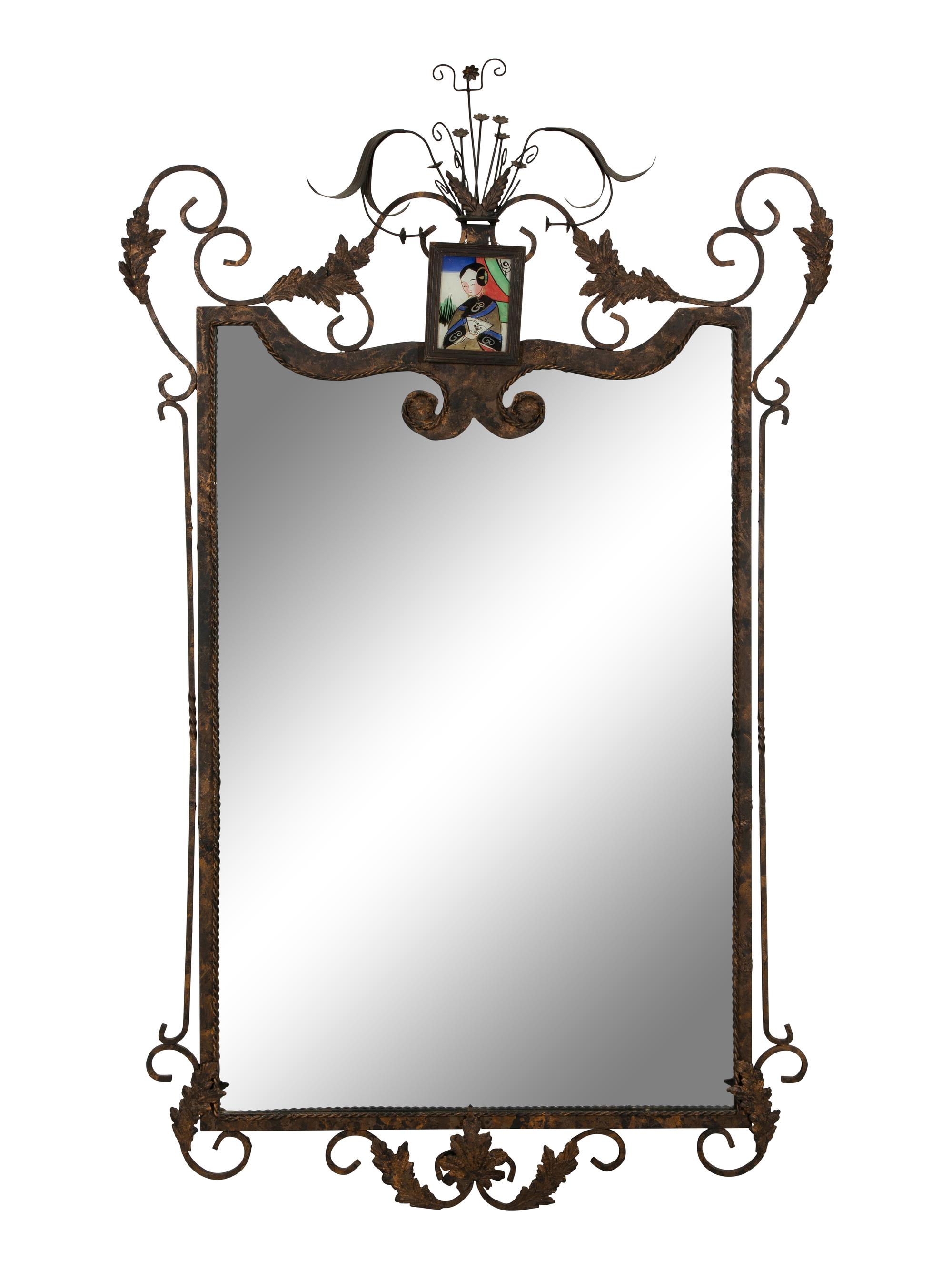 A Whimsical Patinated and Parcel Gilt Metal Framed Mirror