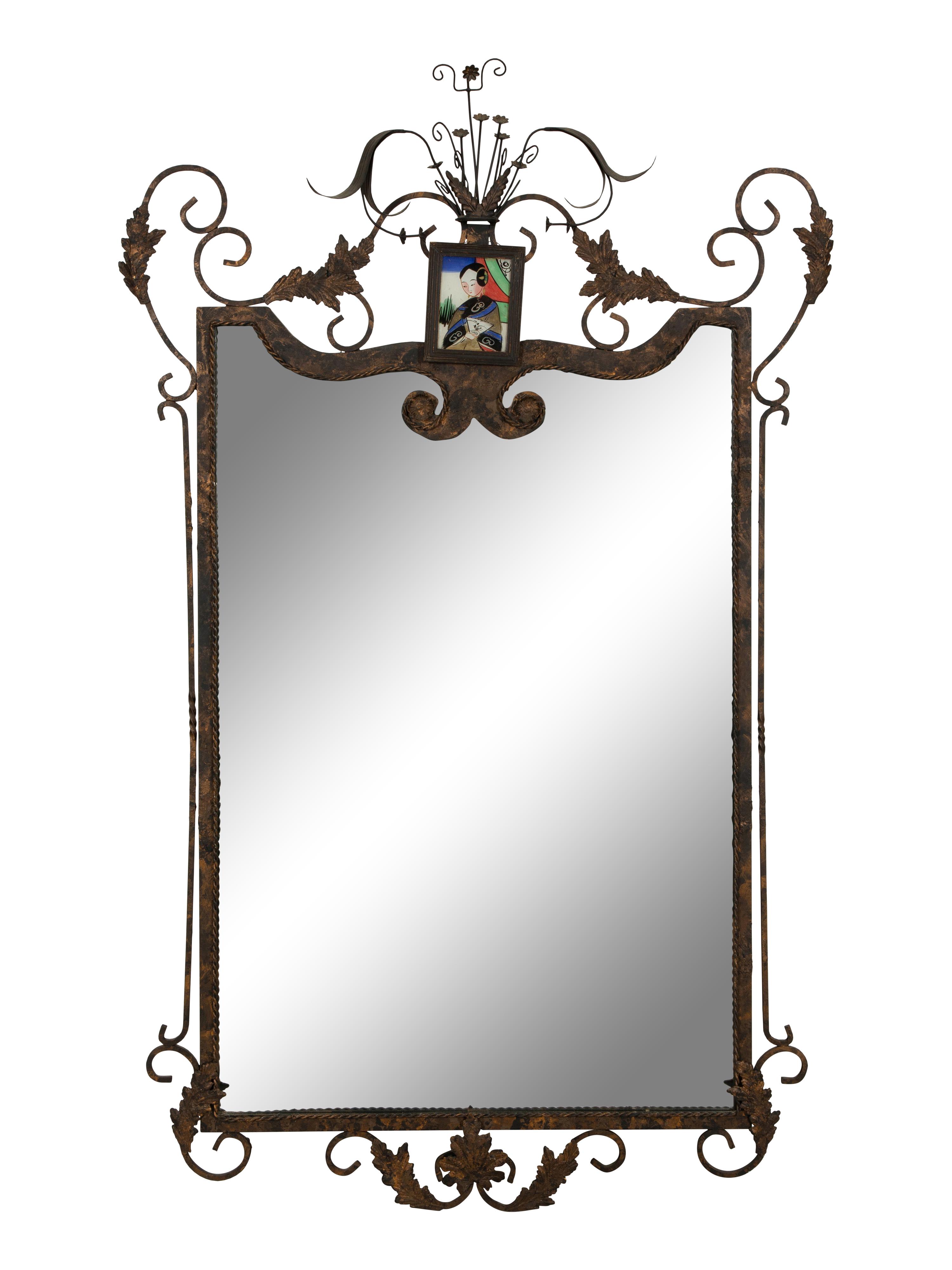 A Whimsical Patinated and Parcel Gilt Metal Framed Mirror