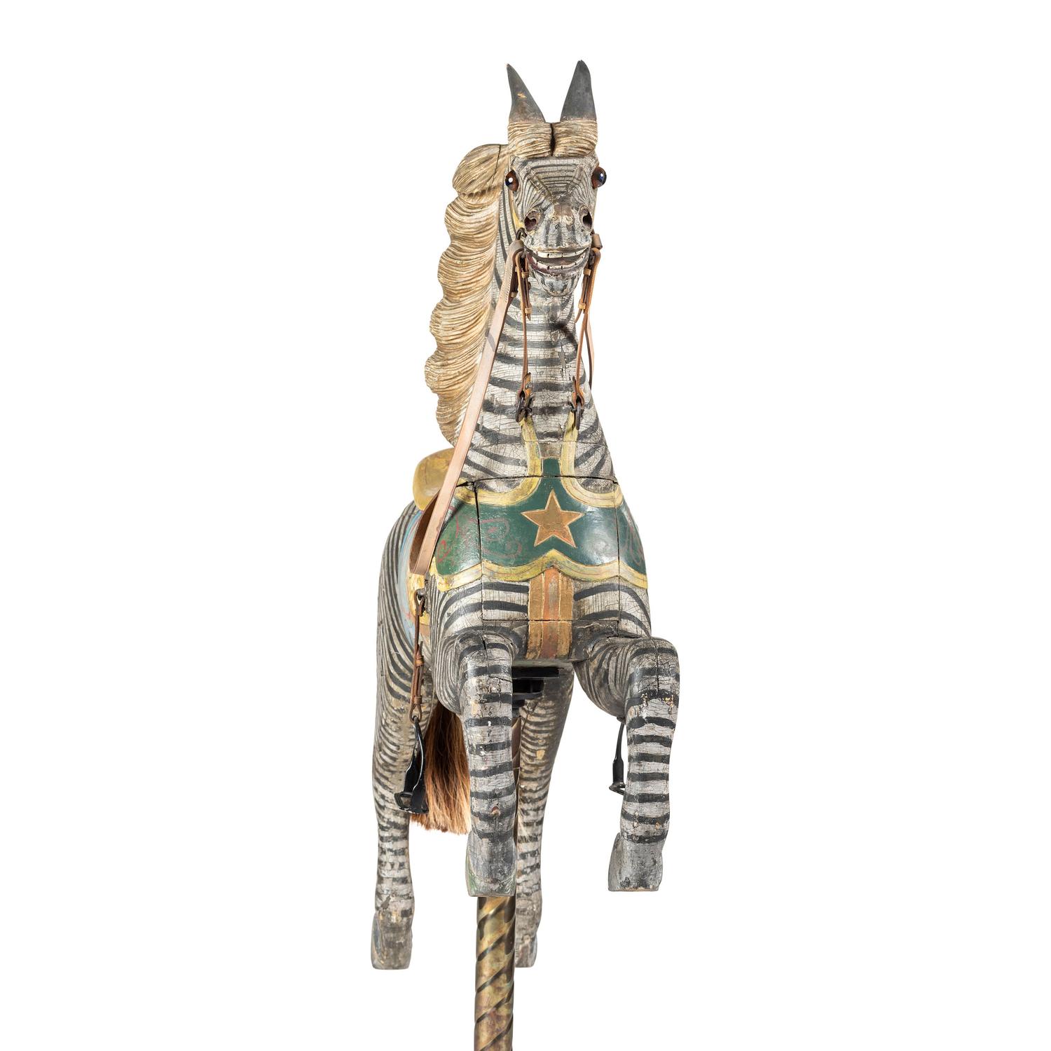 A Glass Inset Carved, Parcel-Gilt and Painted Wood Zebra Carousel Figure