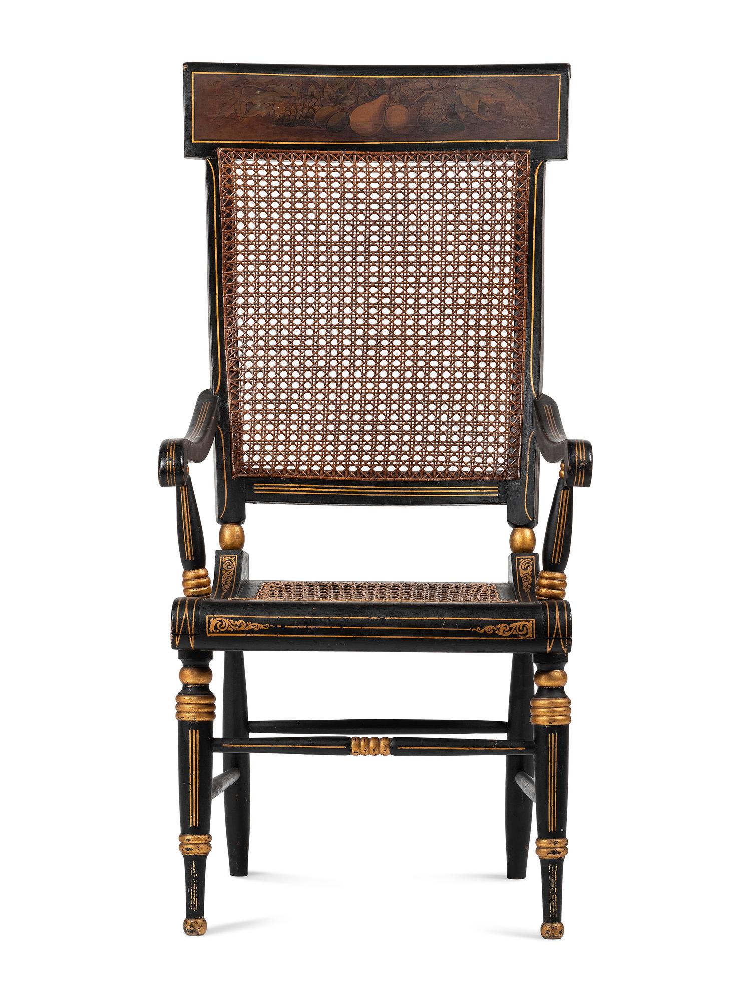 A Classical Carved, Painted and Parcel Gilt Wood Cane Seat Hitchcock Armchair
