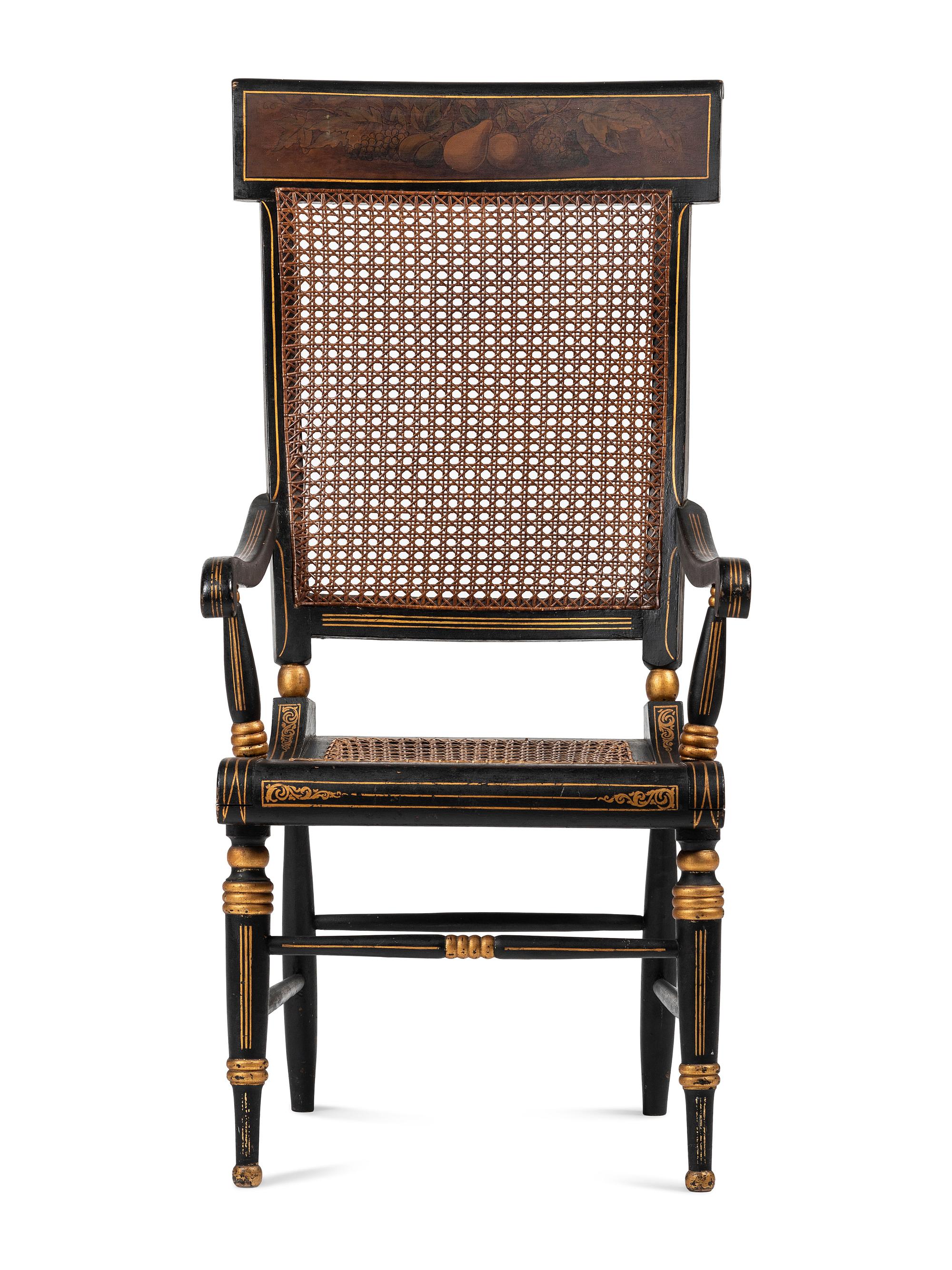 A Classical Carved, Painted and Parcel Gilt Wood Cane Seat Hitchcock Armchair