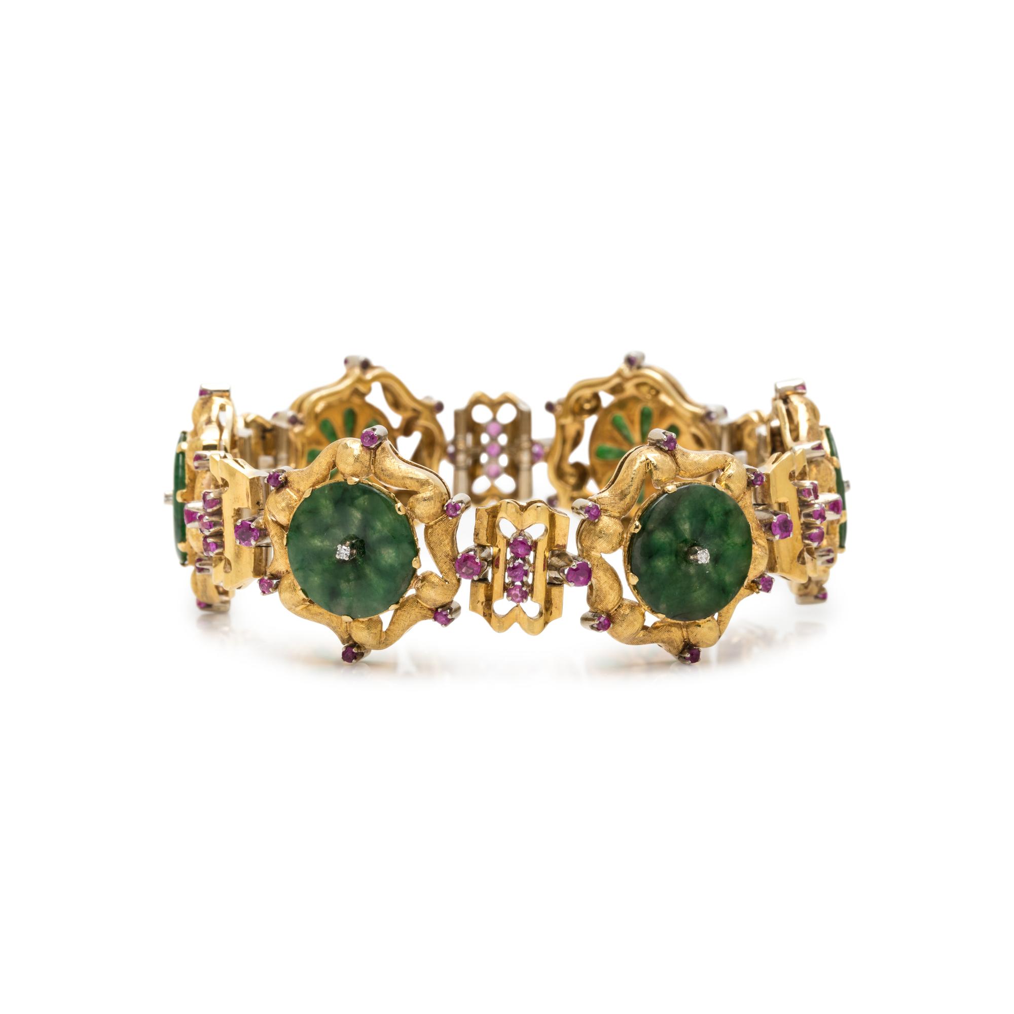 YELLOW GOLD, JADE, RUBY AND DIAMOND BRACELET