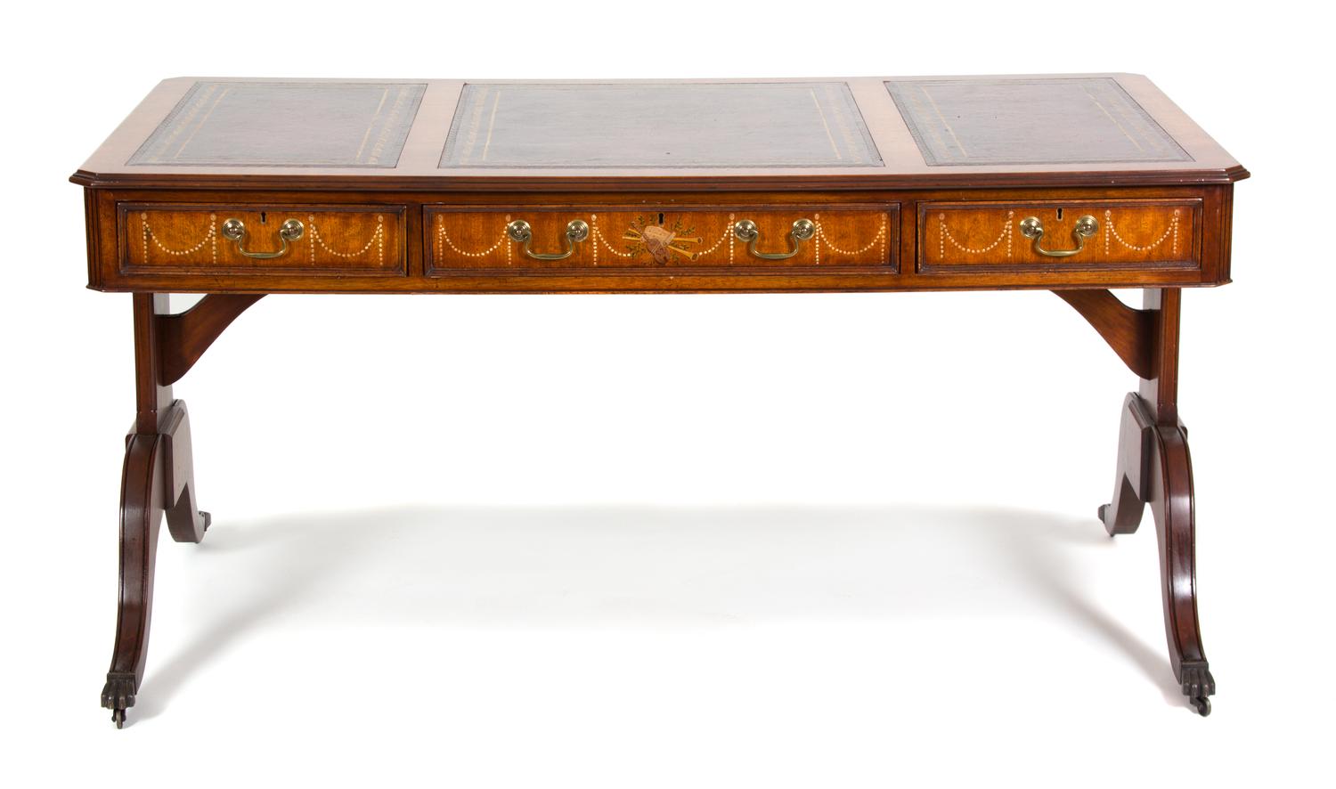 An Edwardian Style Mahogany Writing Desk Height 30 1/2 x width 61 1/2 x depth 34 inches. — 20TH CENTURY