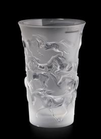 A Lalique Molded and Frosted Glass Vase, Height 7 inches.