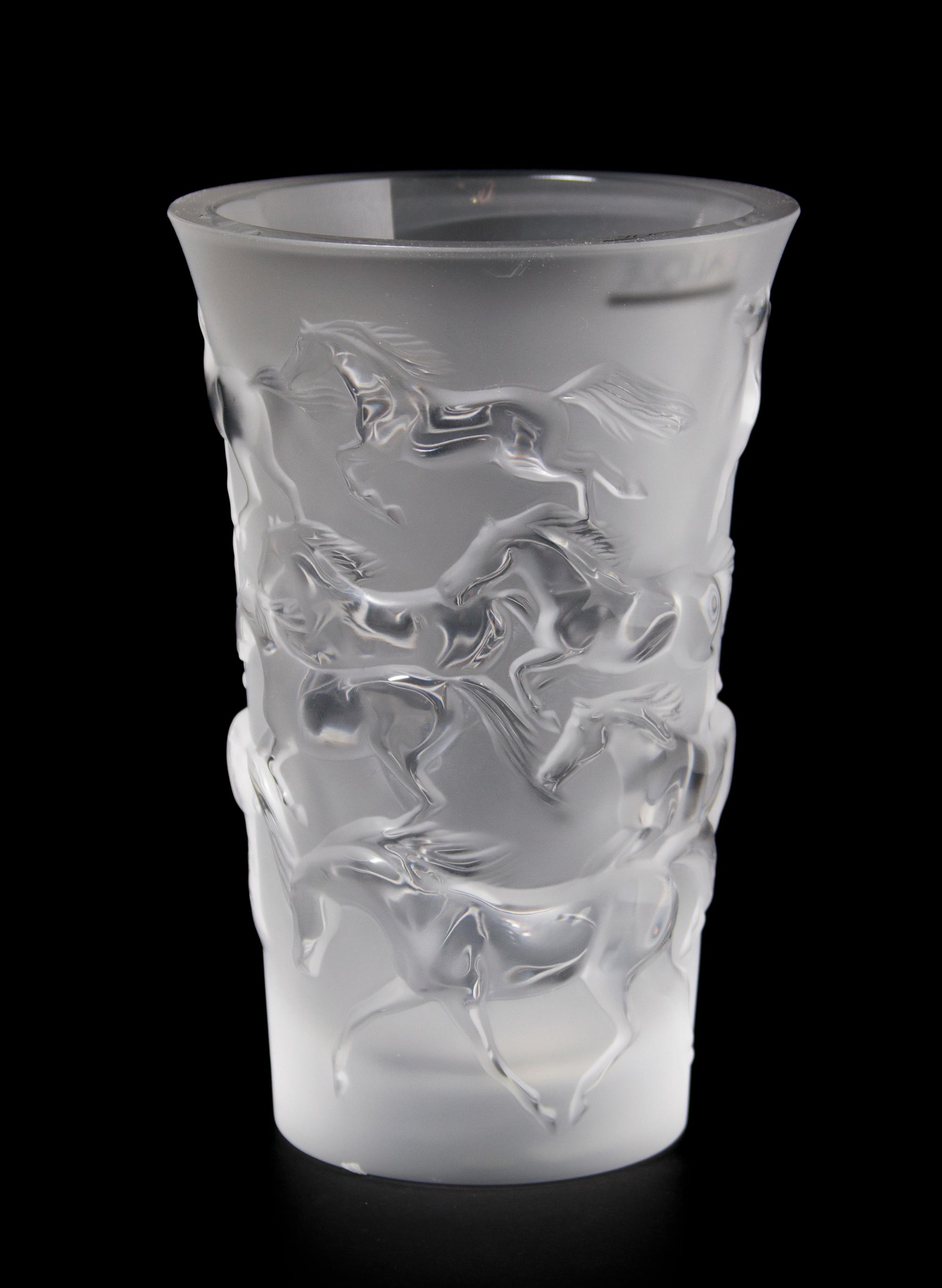 A Lalique Molded and Frosted Glass Vase, Height 7 inches.