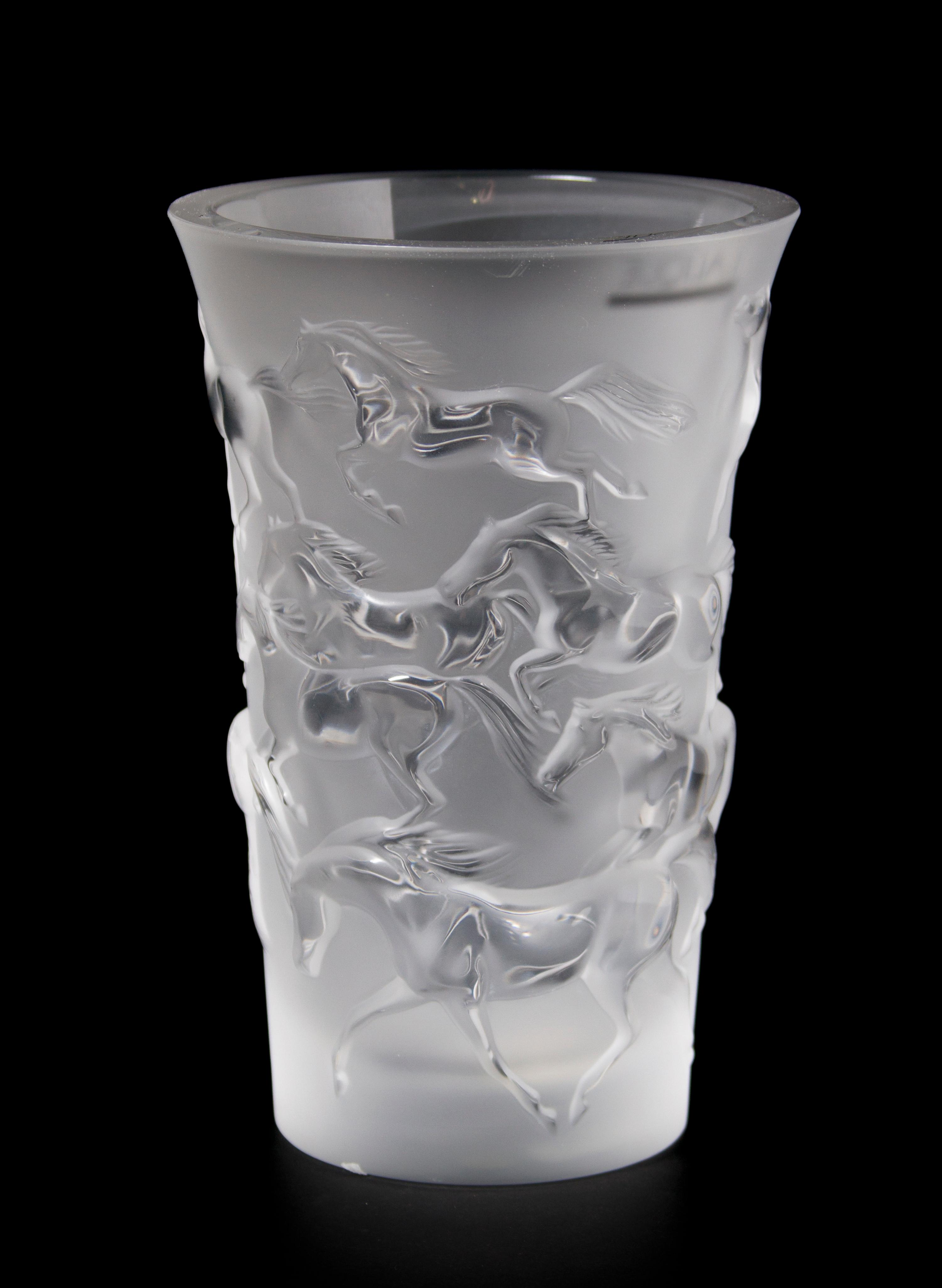 A Lalique Molded and Frosted Glass Vase, Height 7 inches.