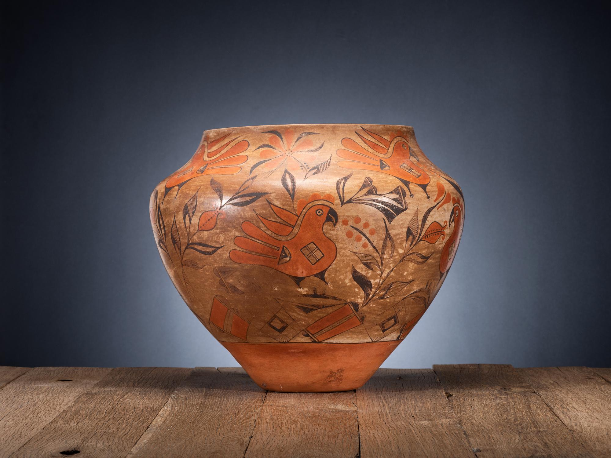 Acoma Polychrome Pottery Olla, with Parrots