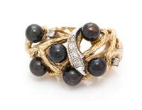 A 14 Karat Yellow Gold, Cultured Pearl and Diamond Ring, 7.50 dwts.