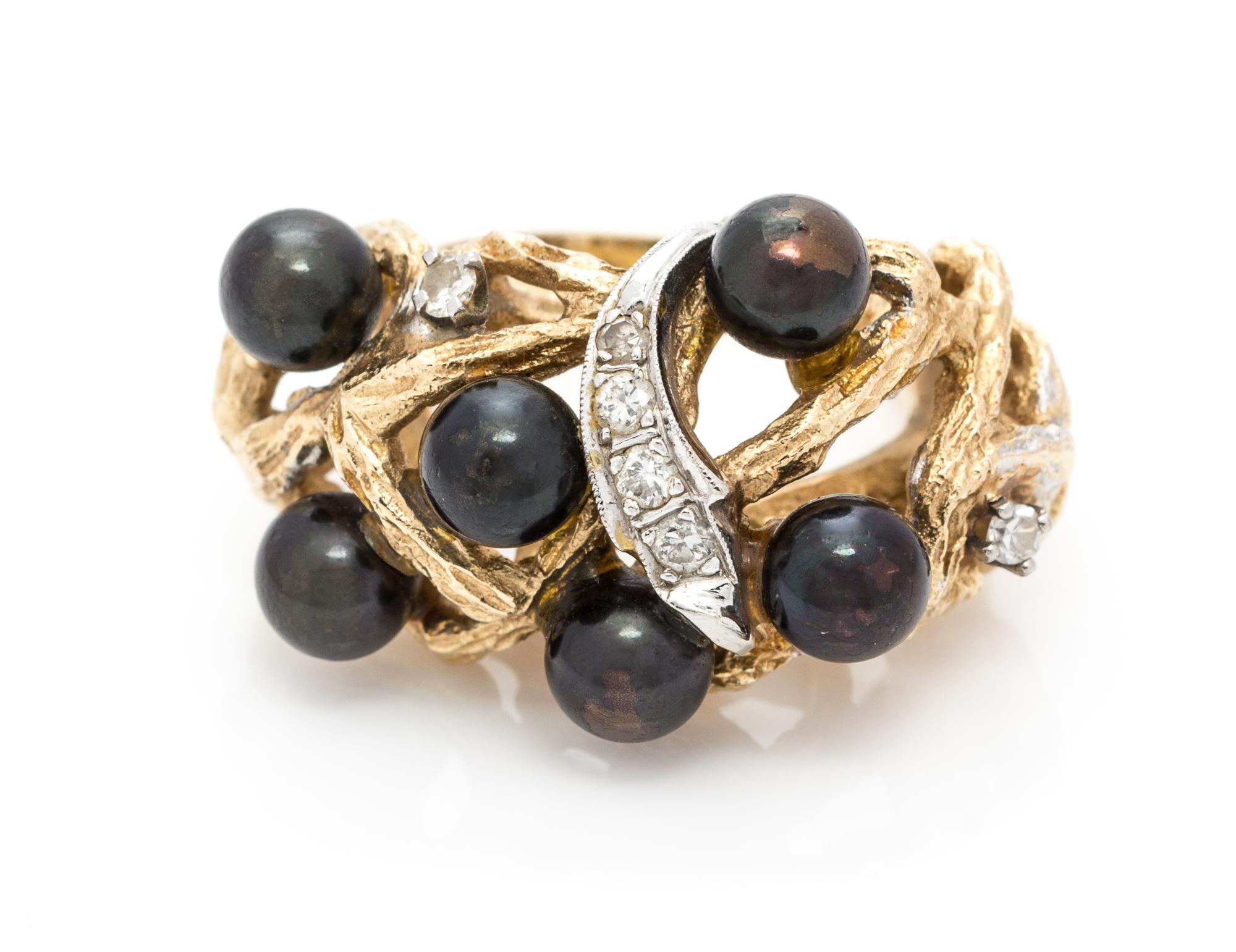 A 14 Karat Yellow Gold, Cultured Pearl and Diamond Ring, 7.50 dwts.
