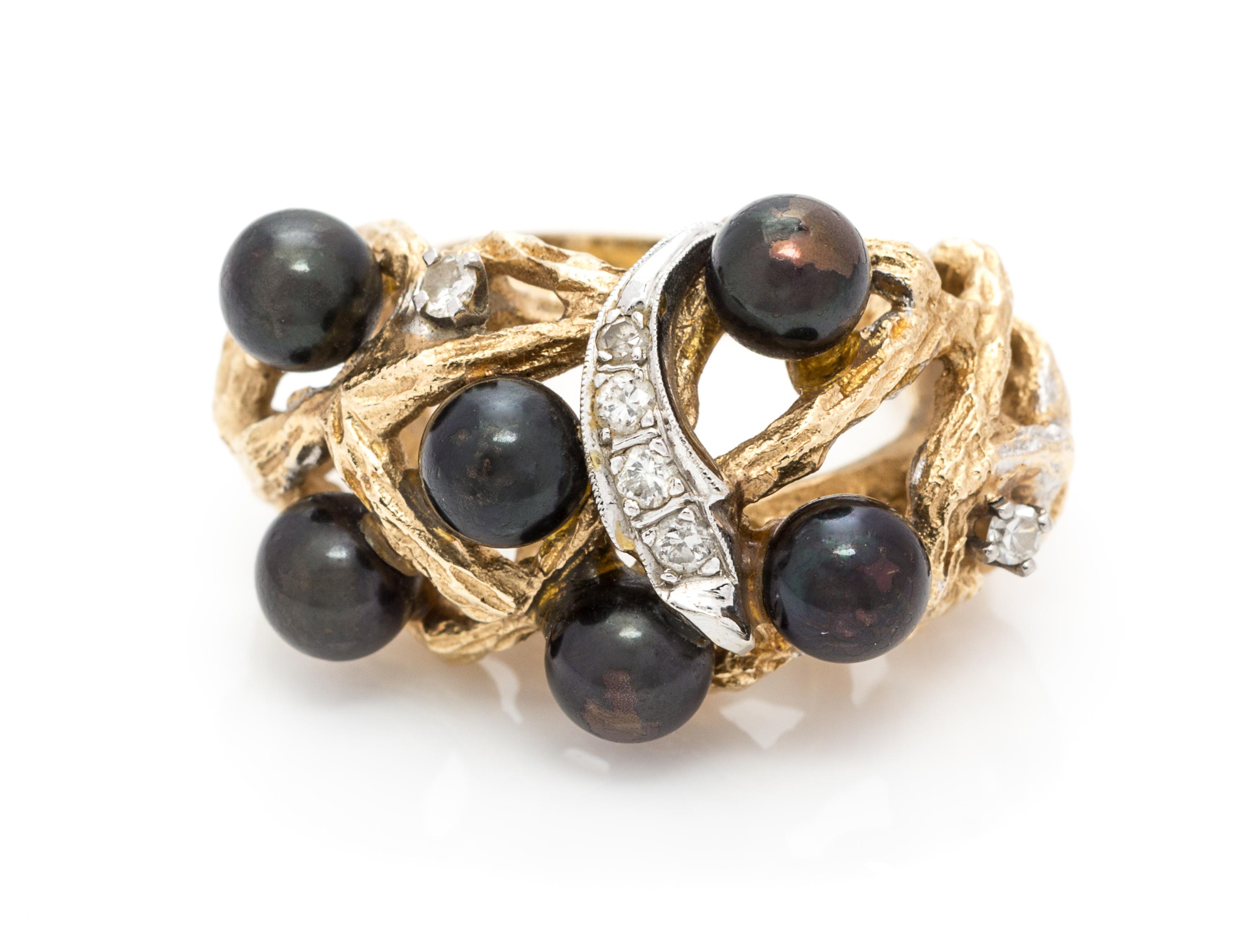 A 14 Karat Yellow Gold, Cultured Pearl and Diamond Ring, 7.50 dwts.