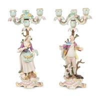 A Pair of Meissen Porcelain Figural Candelabra