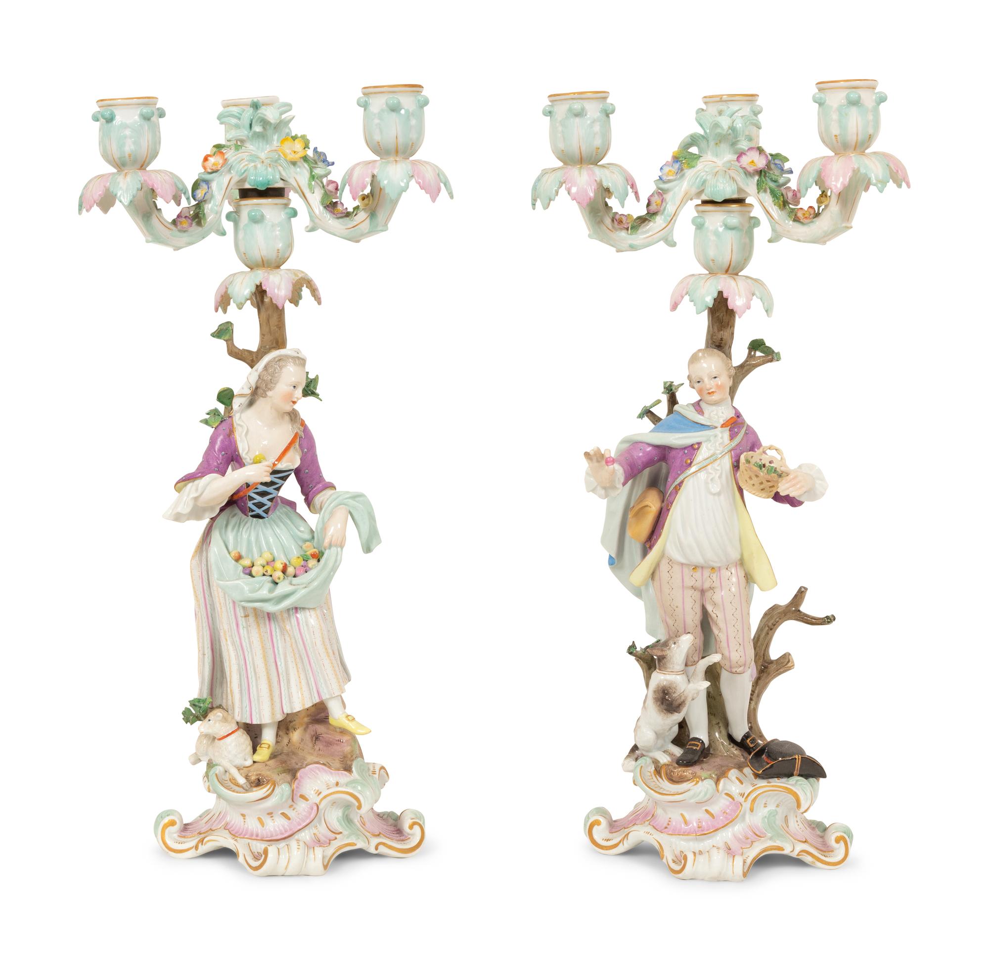 A Pair of Meissen Porcelain Figural Candelabra