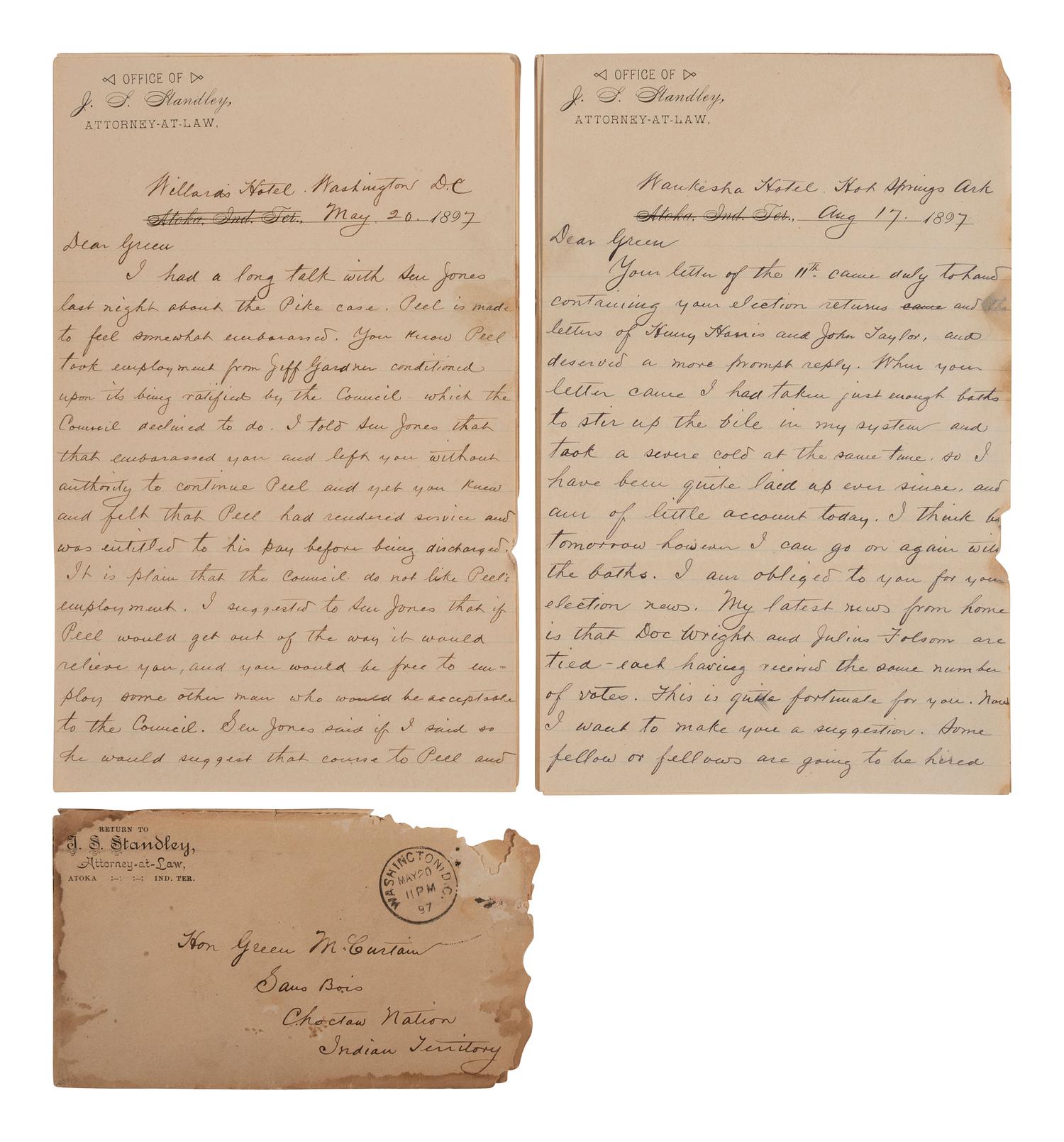 [NATIVE AMERICAN]. Letters from attorney and Confederate veteran James S. Standley to Chief Green McCurtain regarding Choctaw Nation politics.