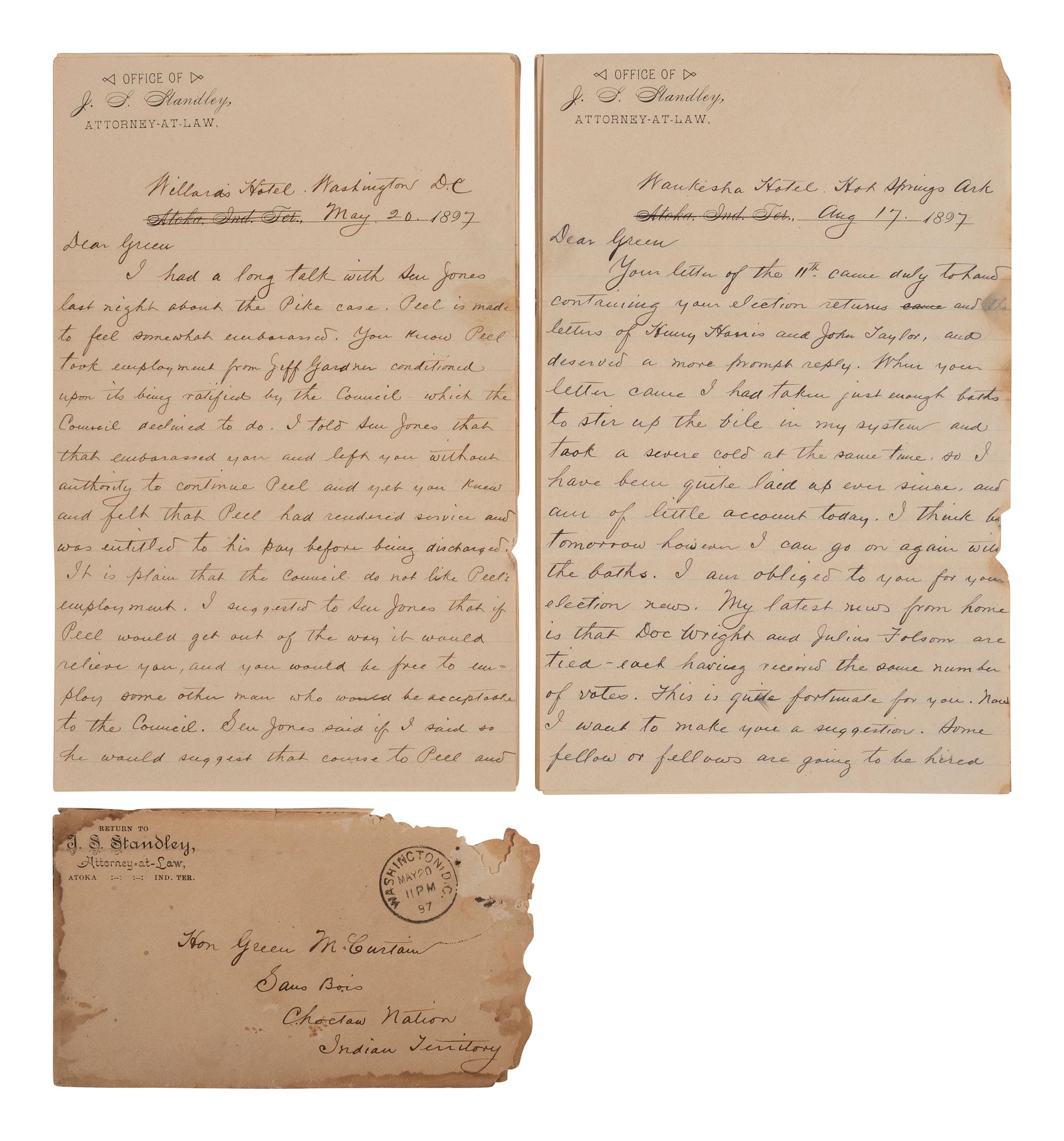 [NATIVE AMERICAN]. Letters from attorney and Confederate veteran James S. Standley to Chief Green McCurtain regarding Choctaw Nation politics.