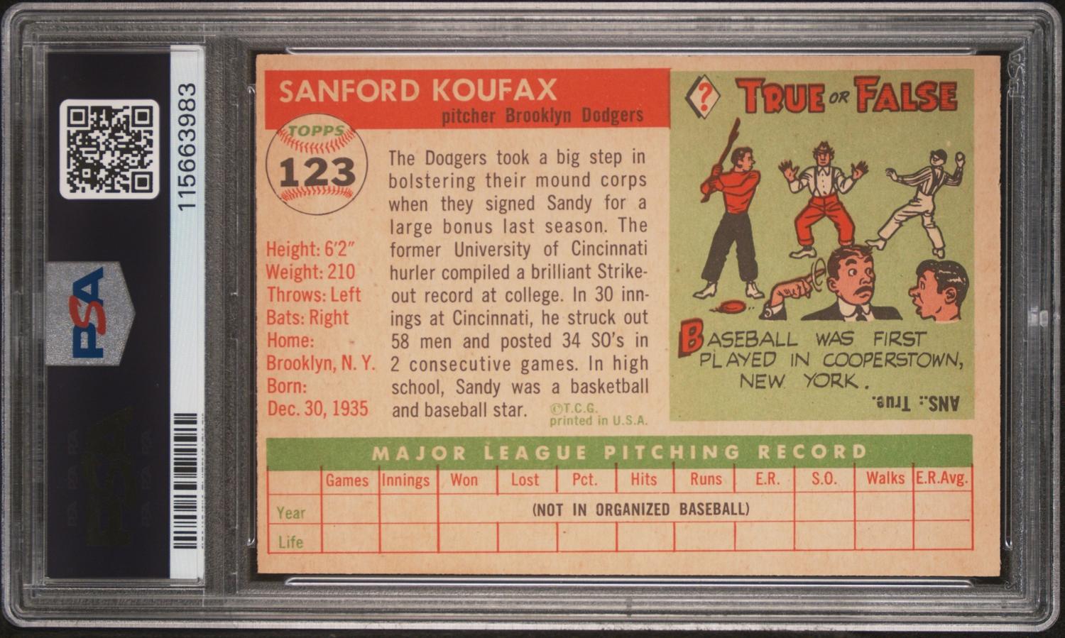 A 1955 Topps Sandy Koufax Rookie Baseball Card No. 123 (PSA 4 VG-EX) from The Collection of David Eisenhower