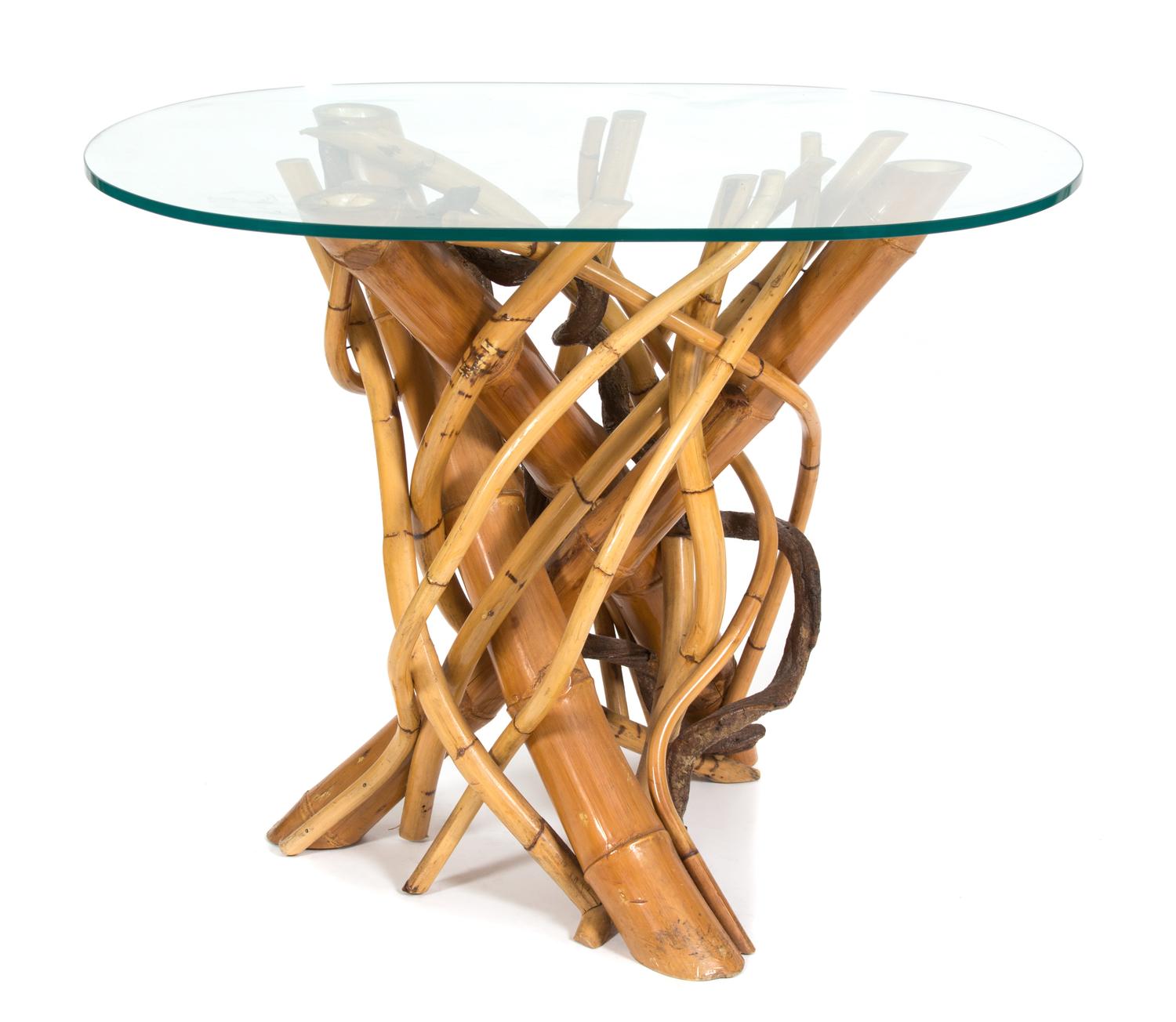 A Twisted Bamboo Glass Top Table Height 30 x width 38 x depth 26 3/4 inches. — 20TH CENTURY