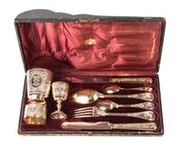 An Austrian Silver Travel Place Setting, J.C. Klinkosch, Vienna, comprising a drinking cup, eggcup, napkin ring, set of flatware, and c