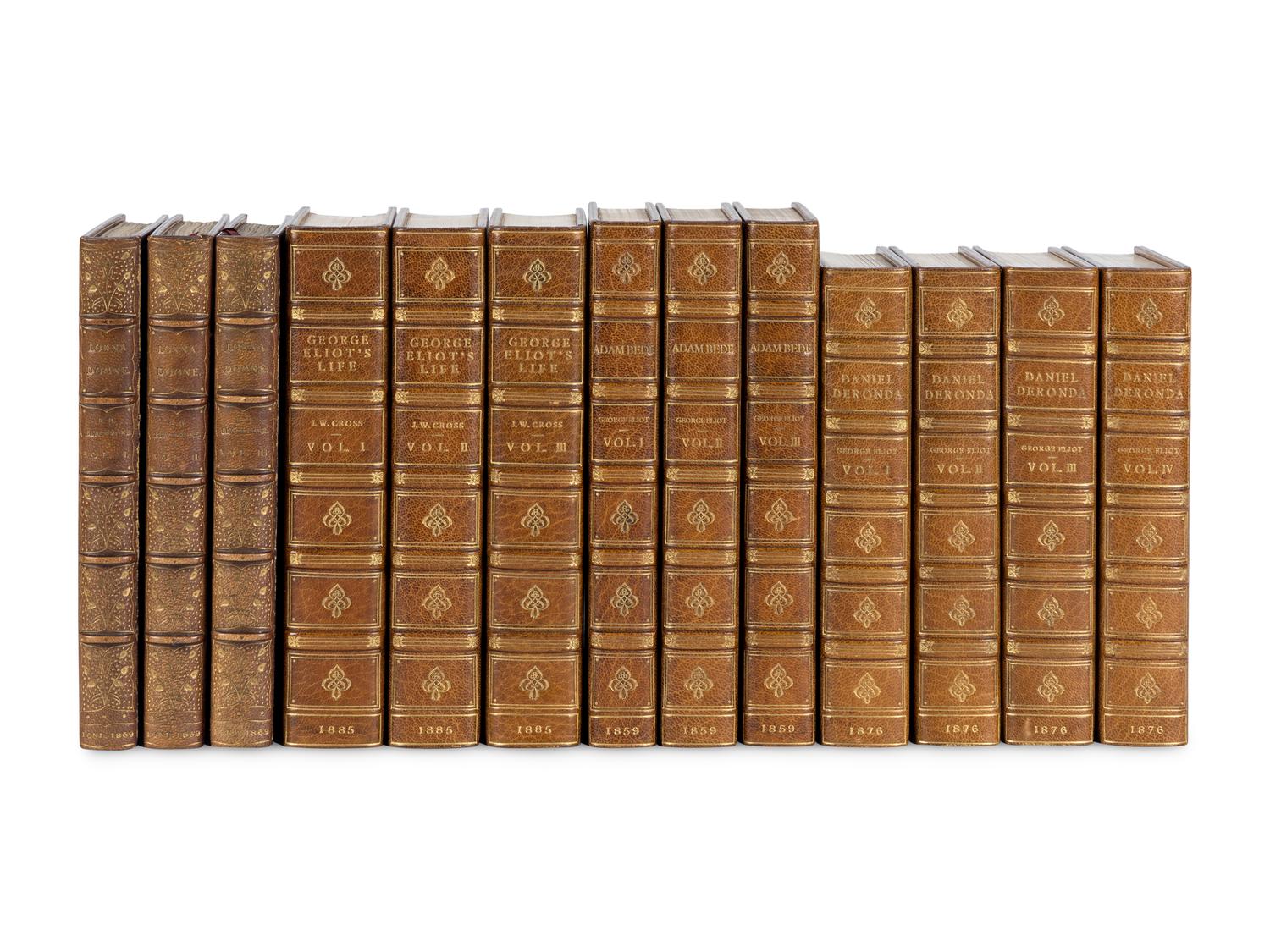[BINDINGS]. ELIOT, George (1819-1880). Adam Bede . 3 volumes. -- Daniel Deronda . 4 volumes. -- CROSS, John Walter (1840-1924). George Eliot's Life as Related in her Letters and Journals . 3 volumes. Edinburgh and London: William Blackwood and Sons, 1859, 1876, 1885.
