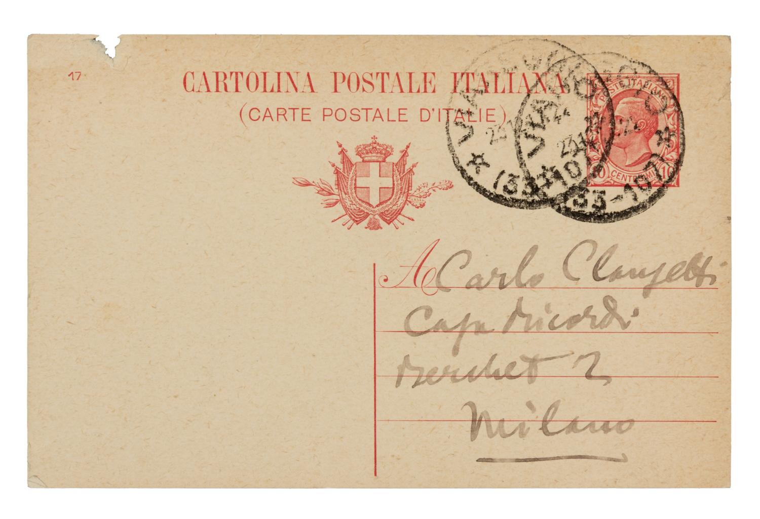 PUCCINI, Giacomo (1858-1924). Autograph note signed ("G. Puccini"), in Italian, to Carlo Clausetti. N.p., 23 December 1917.
