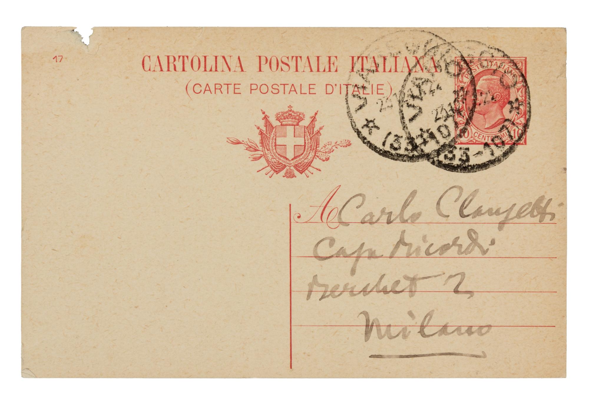 PUCCINI, Giacomo (1858-1924). Autograph note signed ("G. Puccini"), in Italian, to Carlo Clausetti. N.p., 23 December 1917.