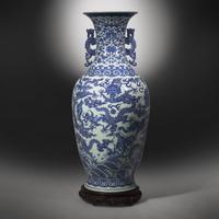 A Magnificent, Monumental, and Extremely Rare Chinese Blue and White 'Nine Dragons' Vase, Qing Dynasty, Jiaqing/Daoguang Period — 清嘉慶/道光 巨型青花九龍大瓶（附山中商會1943年圖錄）