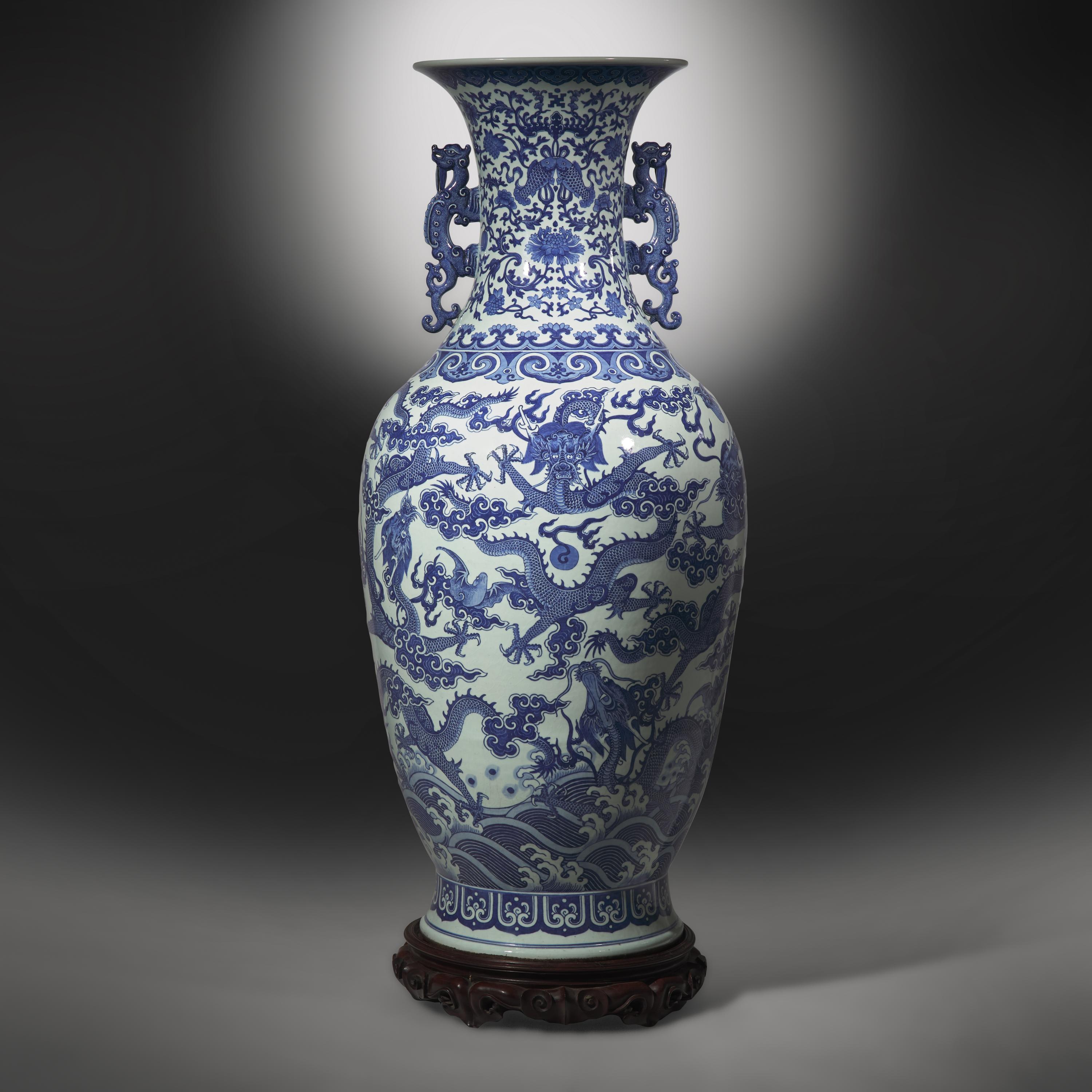A Magnificent, Monumental, and Extremely Rare Chinese Blue and White 'Nine Dragons' Vase, Qing Dynasty, Jiaqing/Daoguang Period