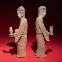 A Pair of Chinese Painted Grey Pottery Ladies with Owls, Han Dynasty — 漢 灰陶彩繪持鷹女俑一對