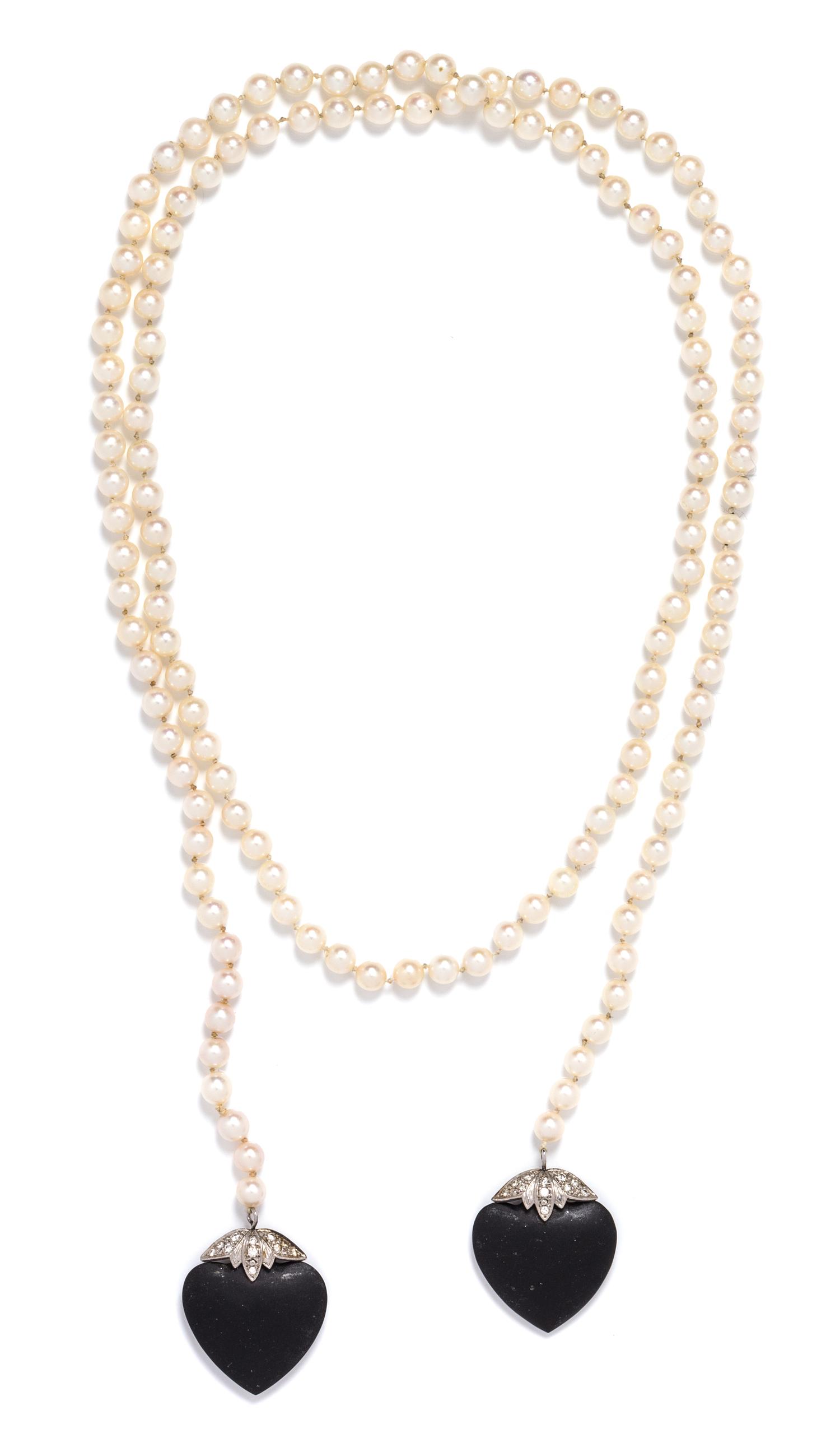 A Platinum, Onyx, Diamond and Cultured Pearl Lariat Necklace, 40.70 dwts.