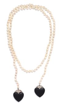 A Platinum, Onyx, Diamond and Cultured Pearl Lariat Necklace, 40.70 dwts.