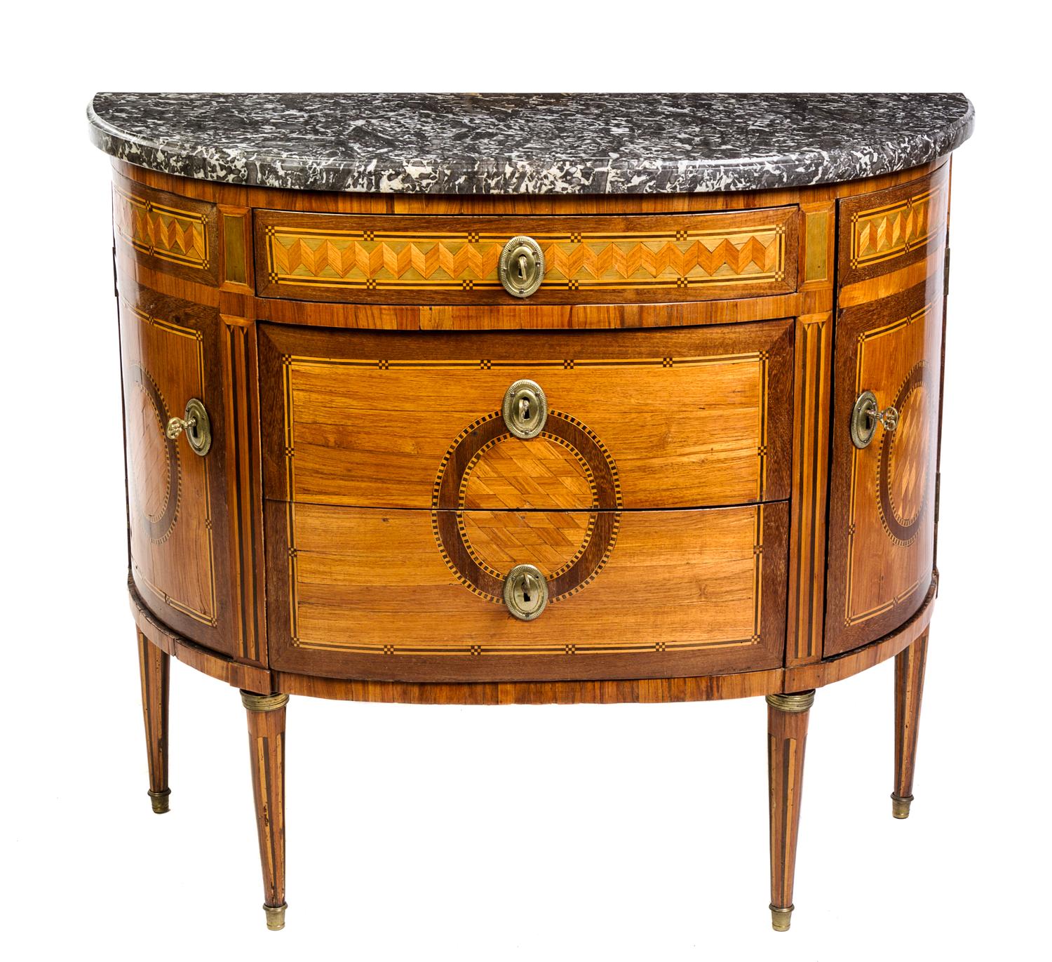 A Louis XVI Gilt Bronze Mounted Parquetry Commode Height 33 x width 38 x depth 17 inches. — 18TH CENTURY