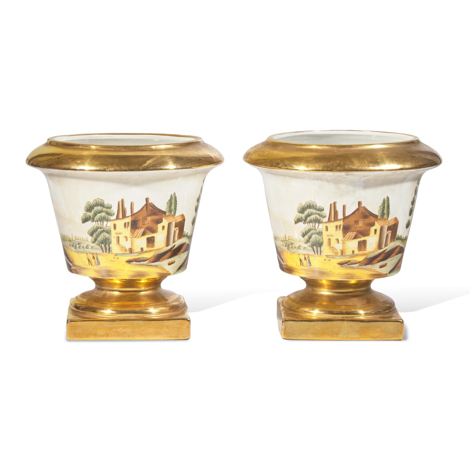 A Pair of Chelsea House Polychrome Painted and Parcel-Gilt Porcelain Jardinières